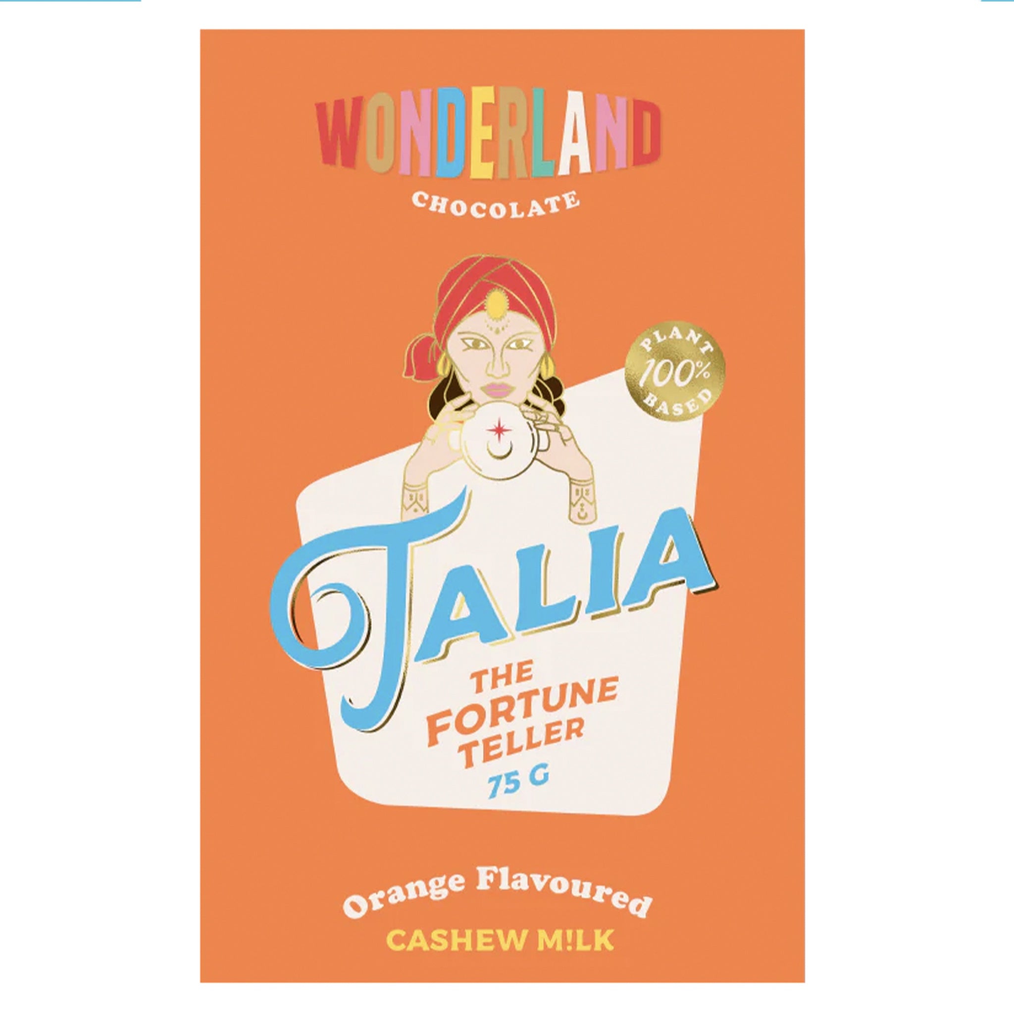 Chocolate bar packaging with illustration of a fortune teller and text on an orange background