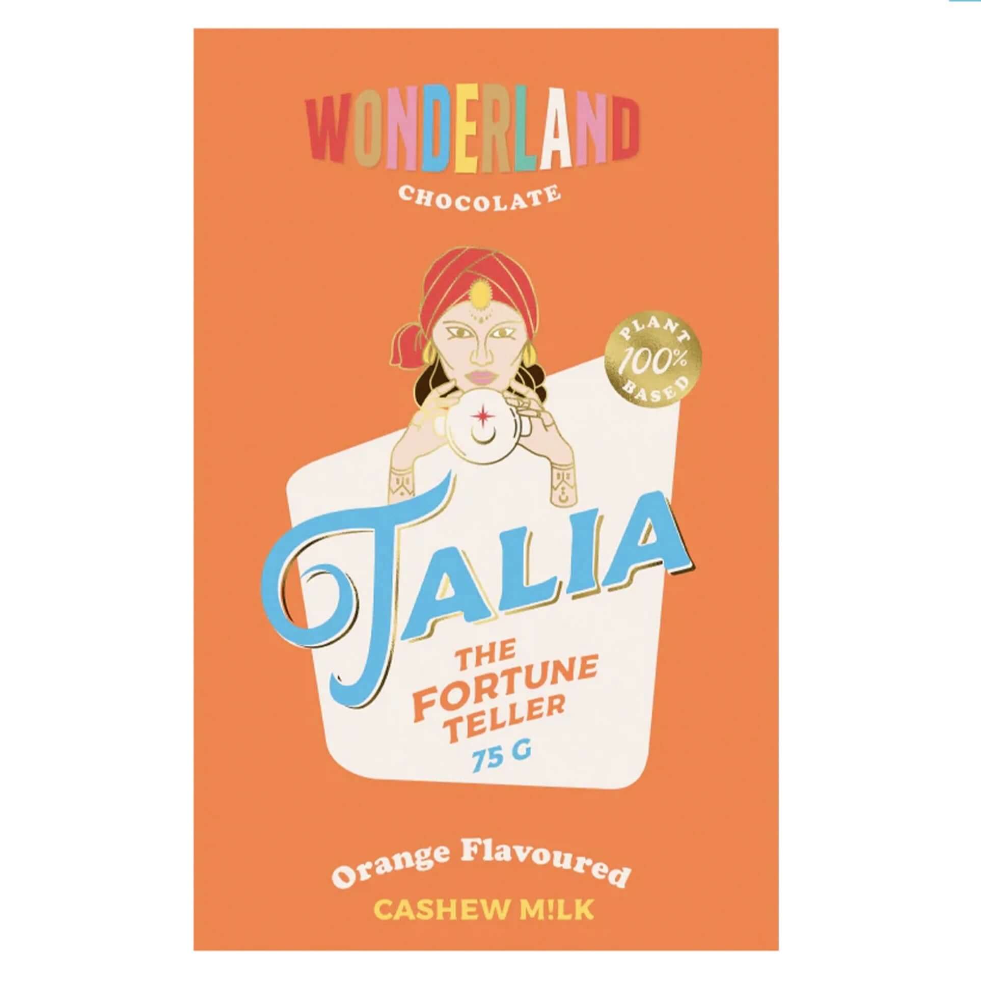 Chocolate bar packaging with illustration of a fortune teller on an orange background