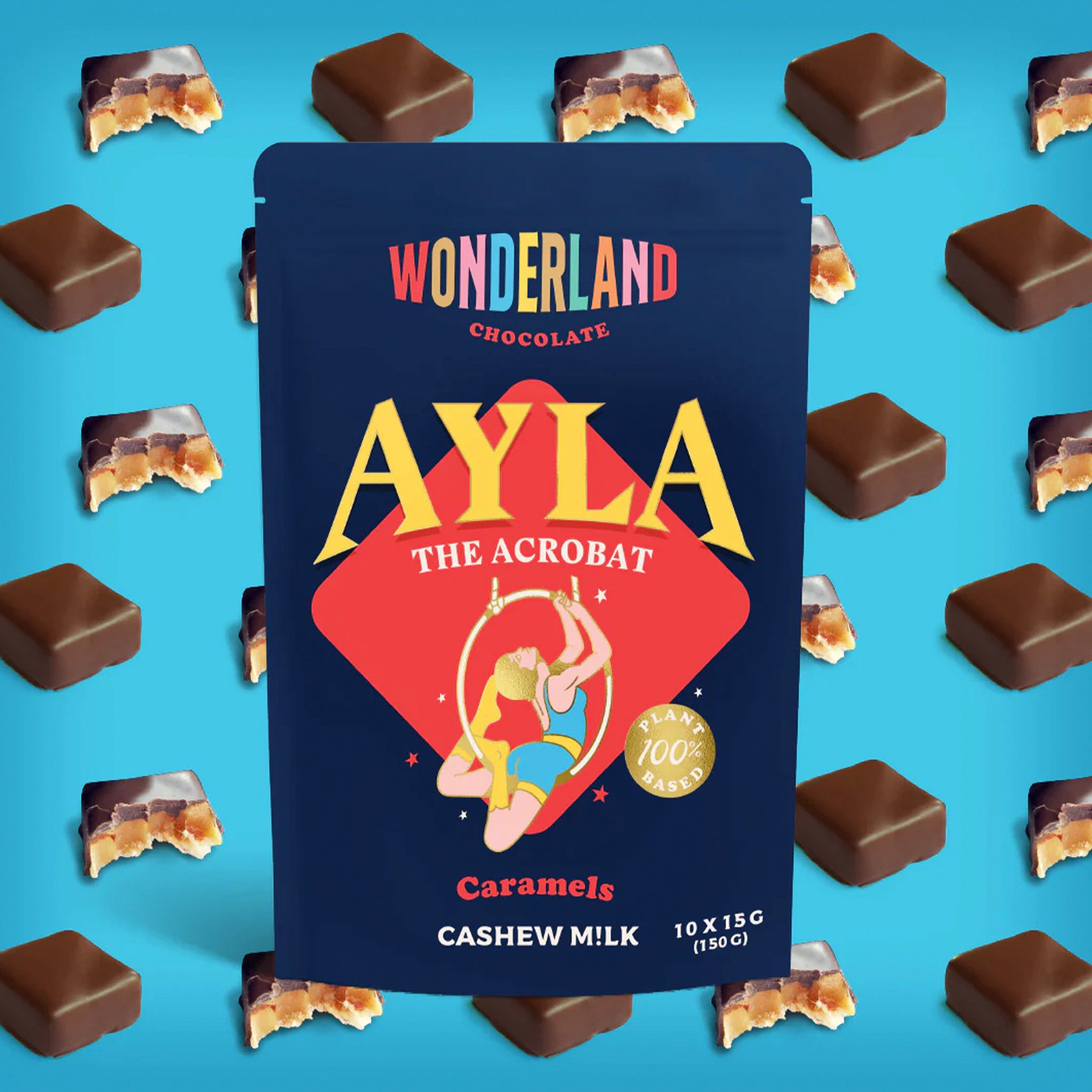 Chocolate candy package with 'Wonderland' branding on a blue background with scattered candies.