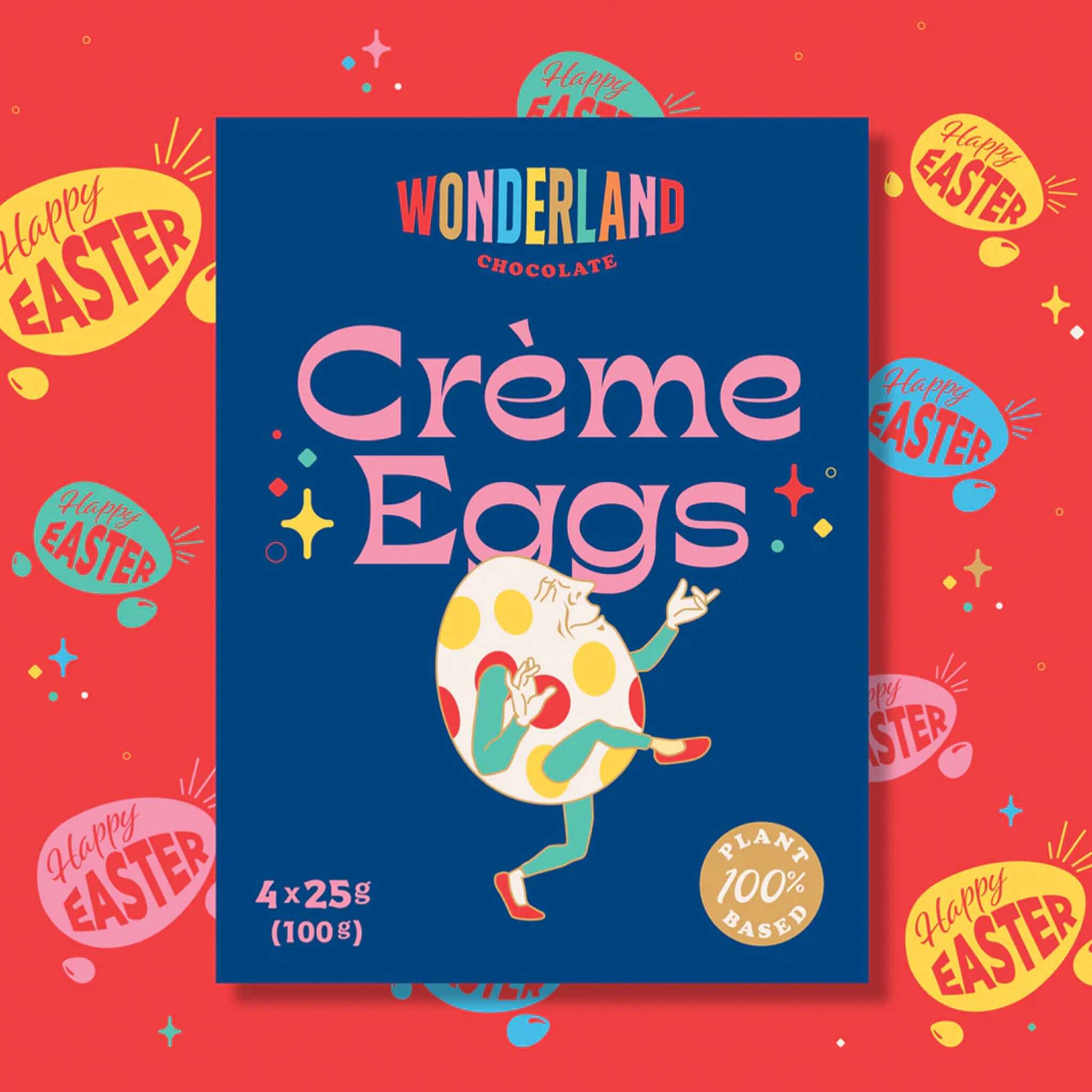 Alt Tag: Wonderland Chocolate Crème Eggs - 100g Cashew Milk Chocolate plant-based crème egg box, 4x25g cashew m!lk chocolate Easter treat