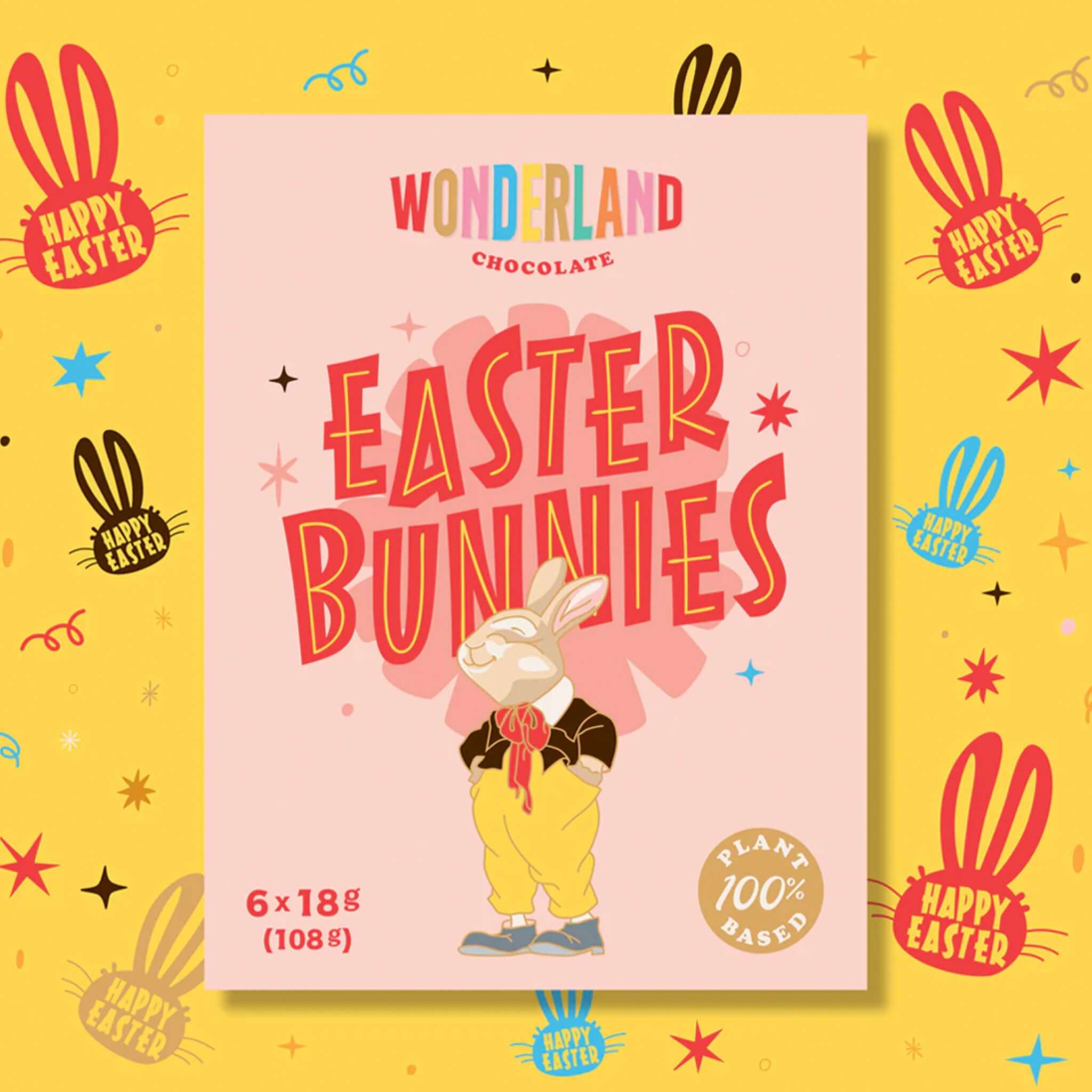 Alt Tag: Wonderland Chocolate Easter Bunnies - 108g Cashew Milk Chocolate box, plant-based Easter bunnies, 6x18g (108g)