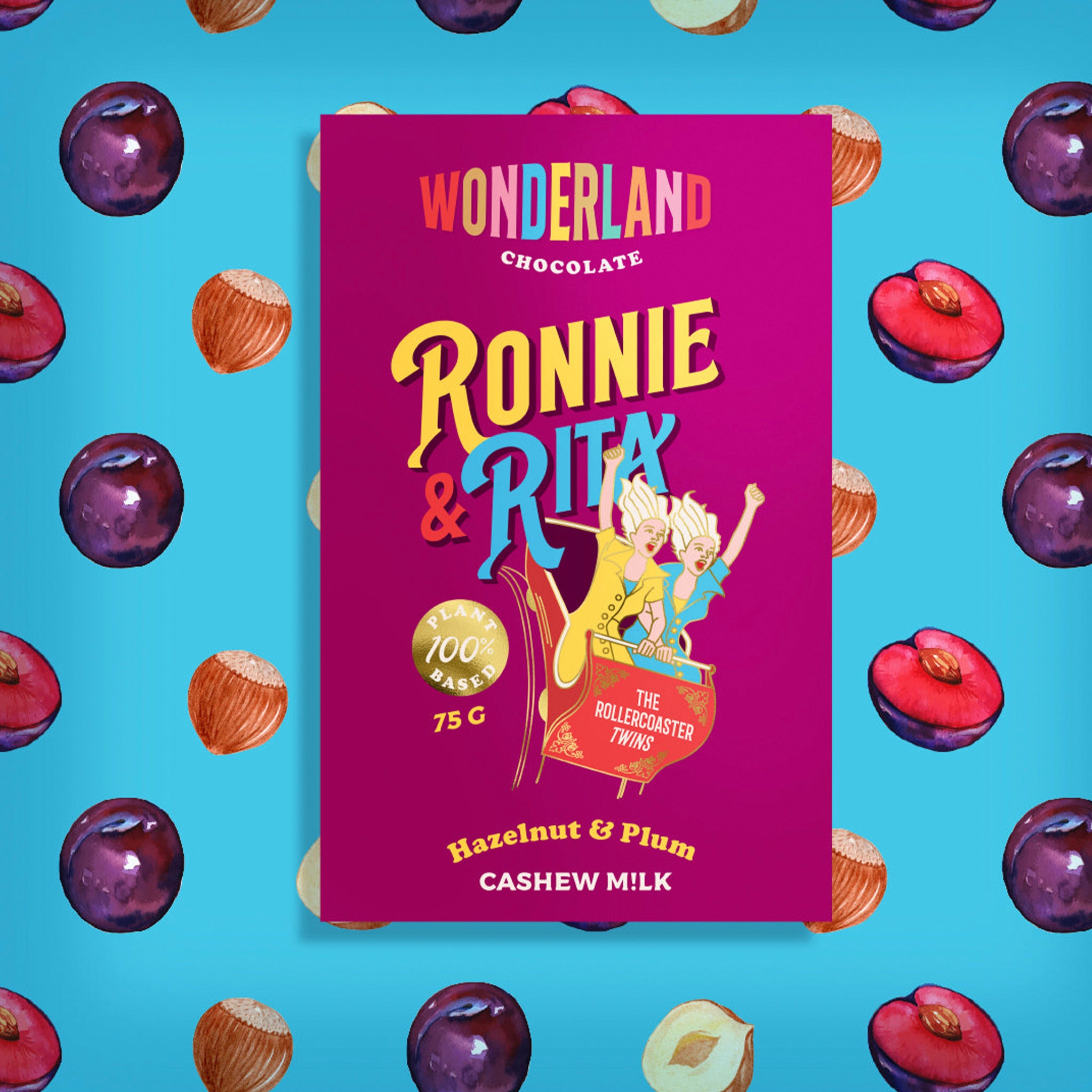 Chocolate bar packaging for 'Ronnie & Rity' with a colorful design on a blue background with fruit illustrations.