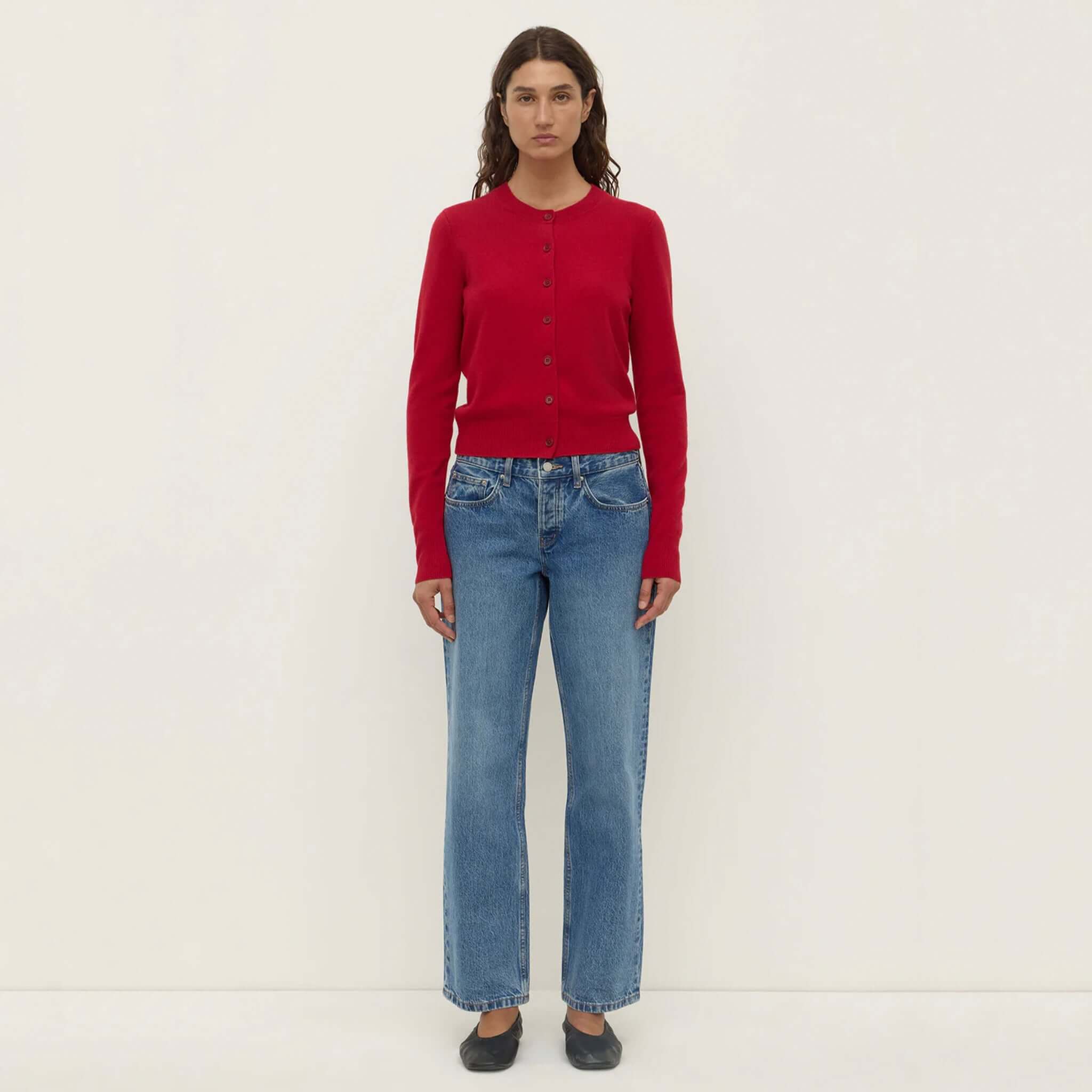 Alt Tag: Assembly Label Benny Wool / Yak Knit Cardigan - Mulberry women’s slightly cropped crew neck cardigan front view