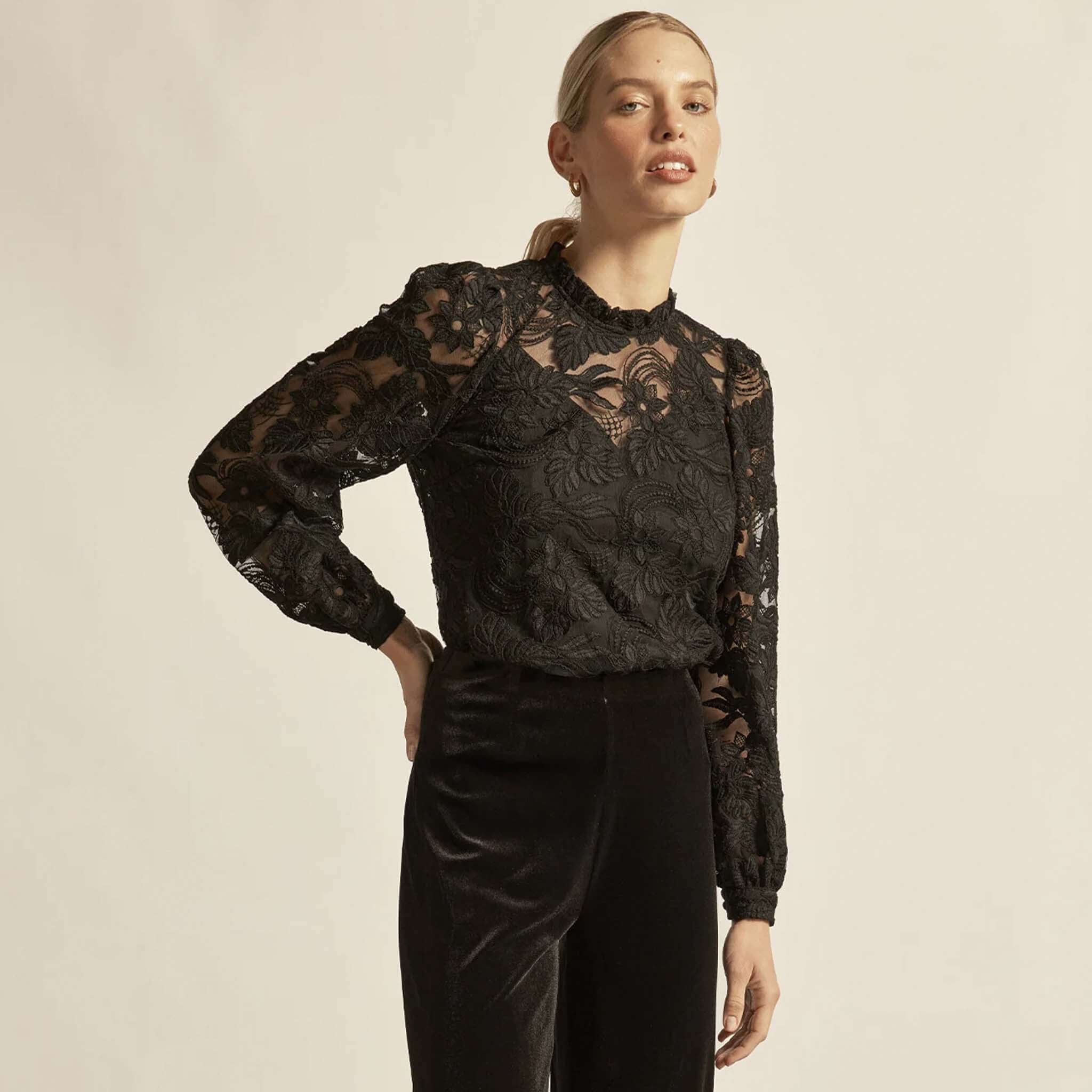 Alt Tag: Zoe Kratzmann Glint Top - Black black lace long sleeve top with frill neckline and cuffs styled with black pants