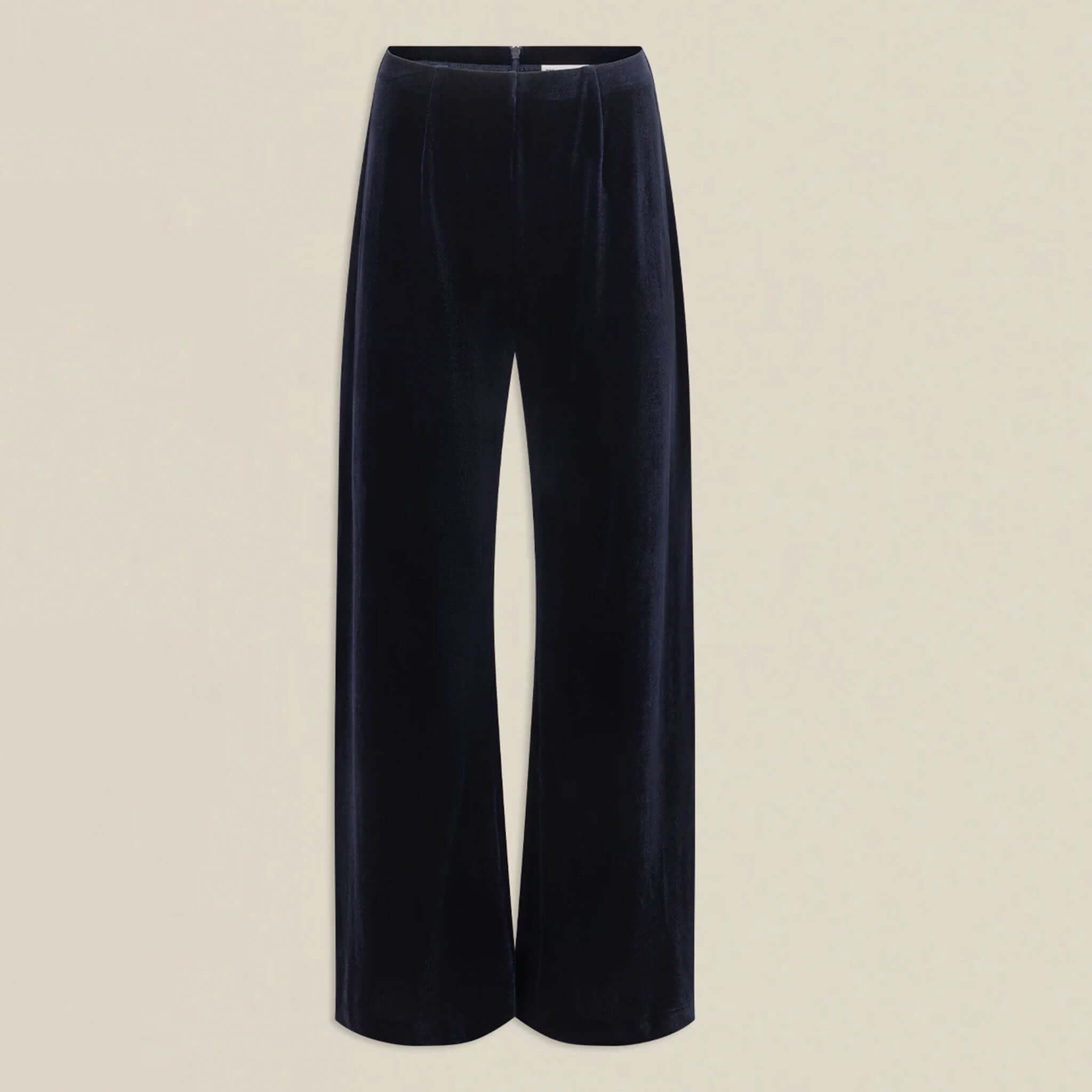 Alt Tag: Zoe Kratzmann Haven Pants - Midnight velvet-feel wide leg pants with soft waistband, polished midnight navy finish