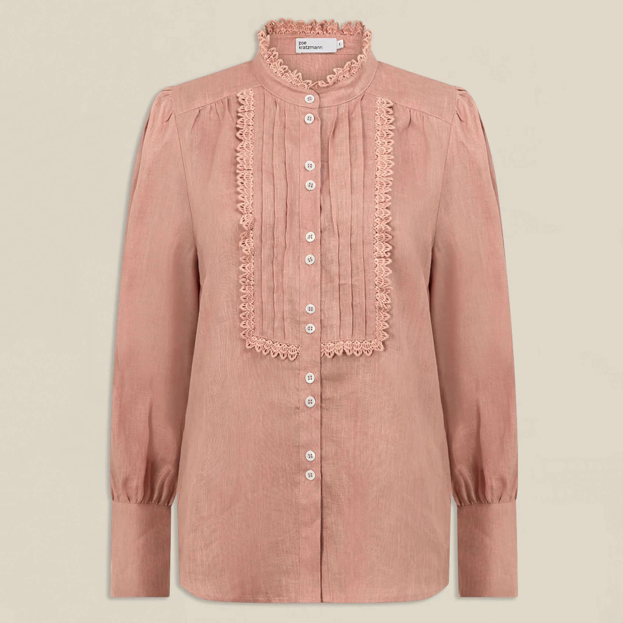 Alt Tag: Zoe Kratzmann Haze Top - Camellia linen blouse in soft pink with lace-trim bib and button-through front