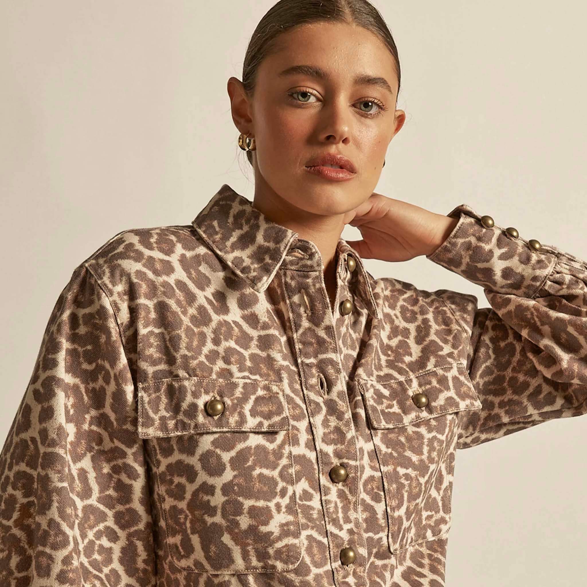 Alt Tag: Zoe Kratzmann Crest Top - Ocelot ocelot print denim-style shirt top with button front and chest pockets