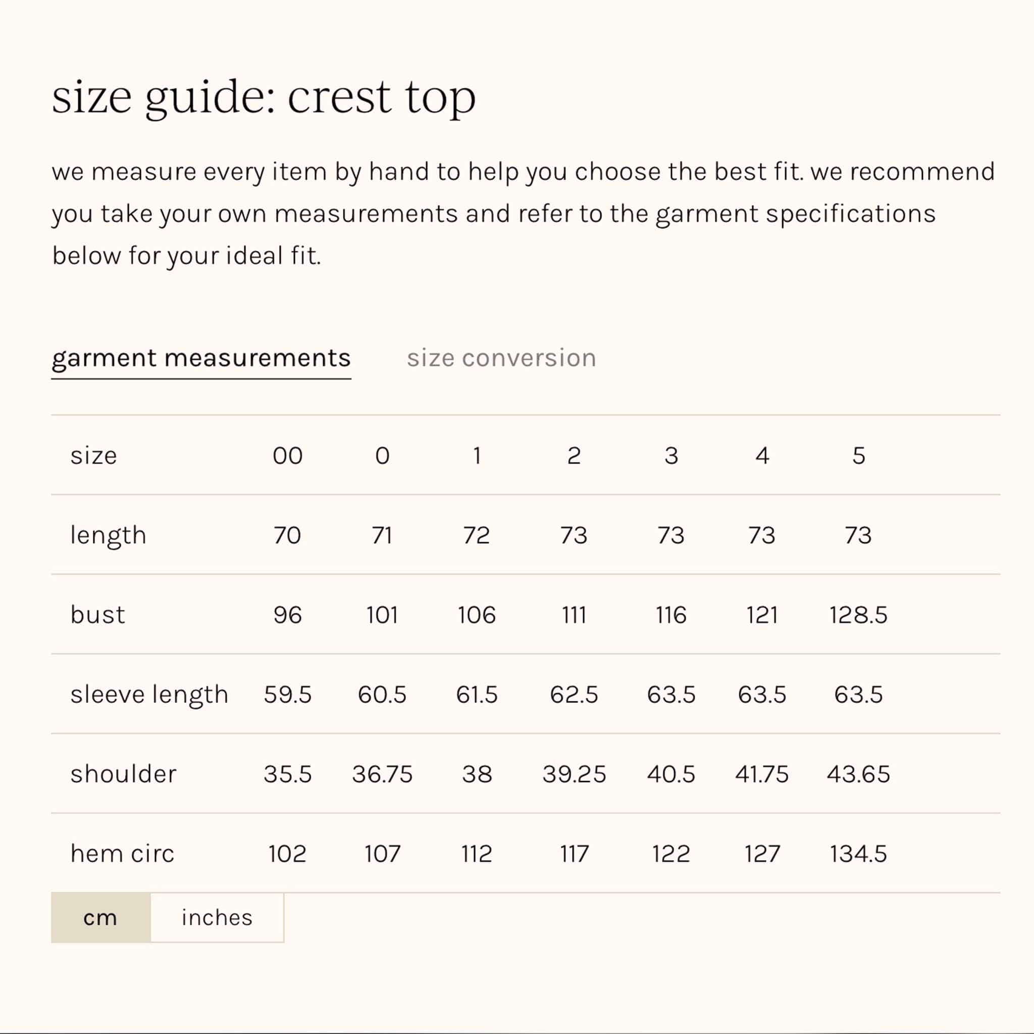 Alt Tag: Zoe Kratzmann Crest Top - Ocelot size guide crest top garment measurements chart length bust sleeve shoulder hem cm