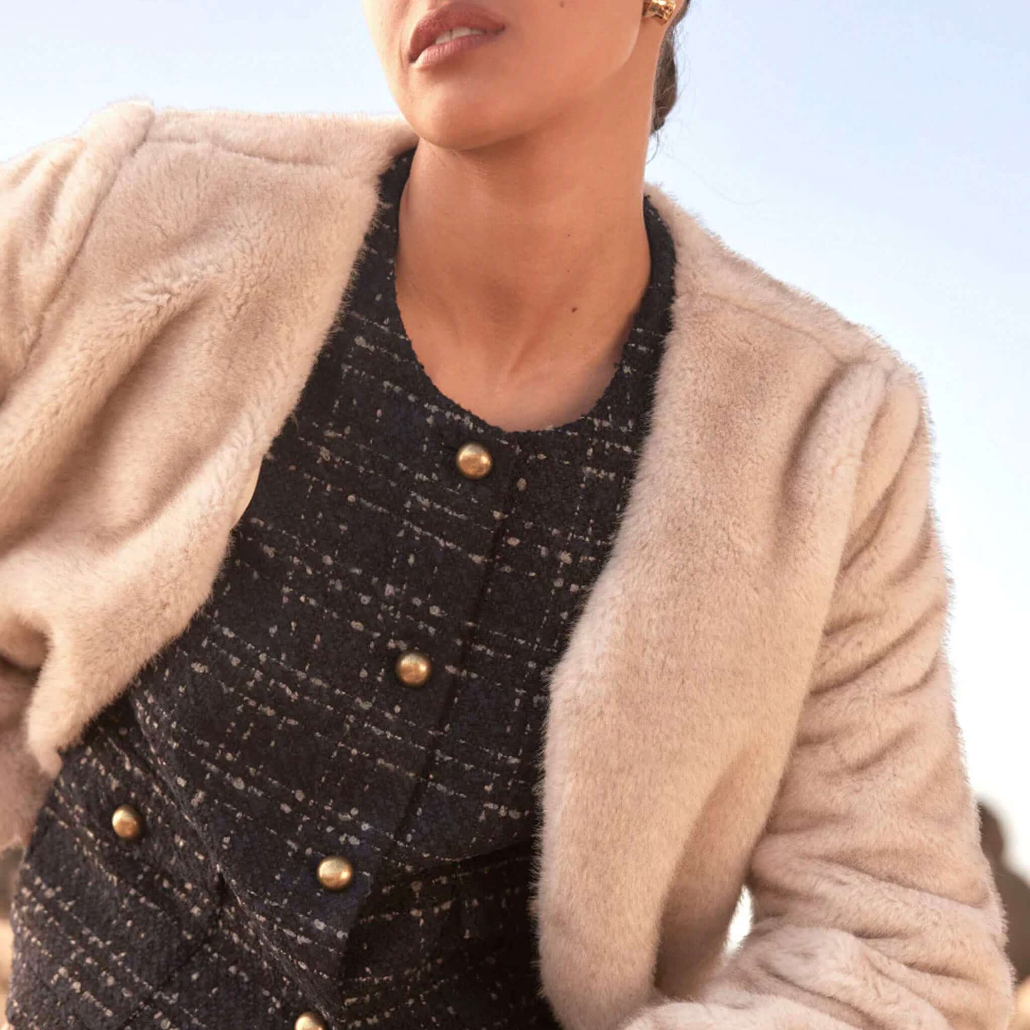 Alt Tag: Zoe Kratzmann Dune Jacket - Ecru plush faux fur cropped V-neck jacket styled over black textured dress