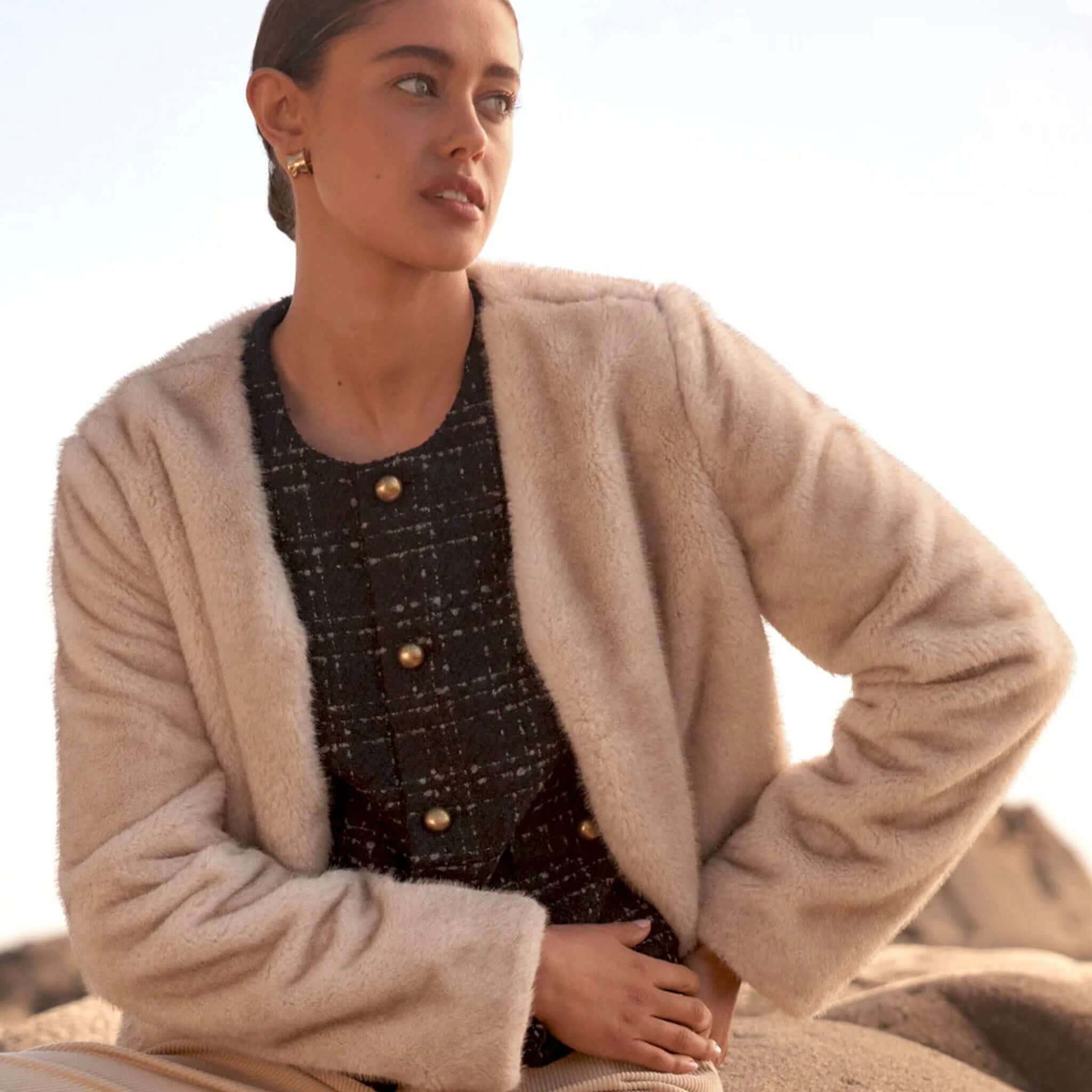 Alt Tag: Zoe Kratzmann Dune Jacket - Ecru plush faux fur cropped jacket with V-neck, soft-touch winter layer styled over tweed top