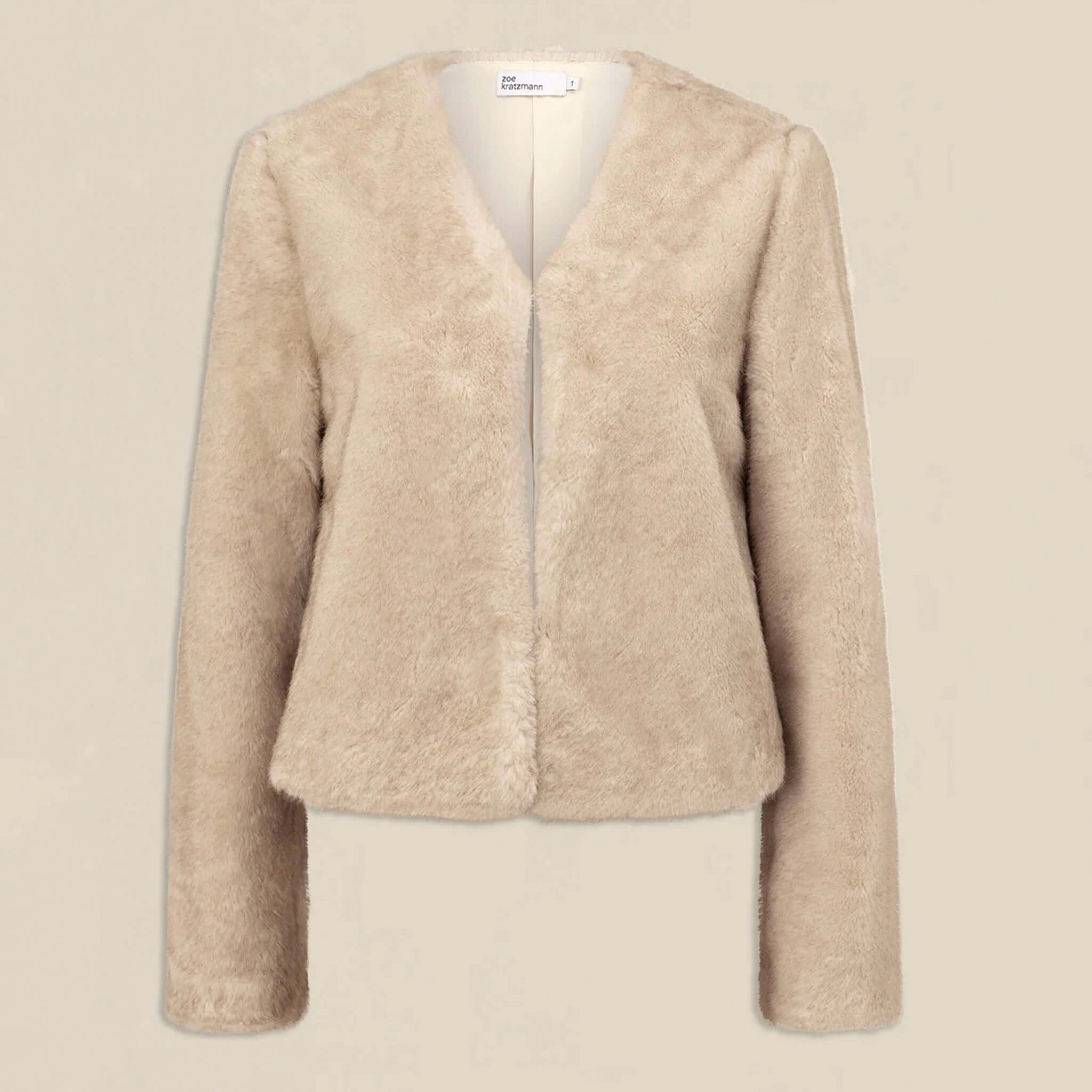 Alt Tag: Zoe Kratzmann Dune Jacket - Ecru plush faux fur cropped V-neck winter jacket front view
