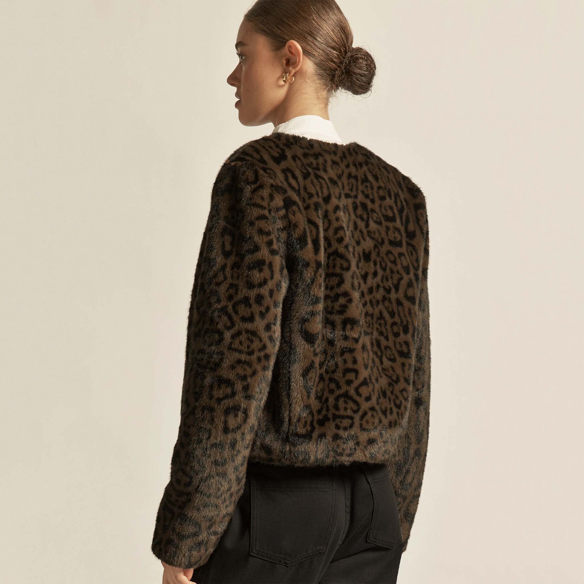 Alt Tag: Zoe Kratzmann Dune Jacket - Ocelot faux fur leopard print cropped jacket back view on model