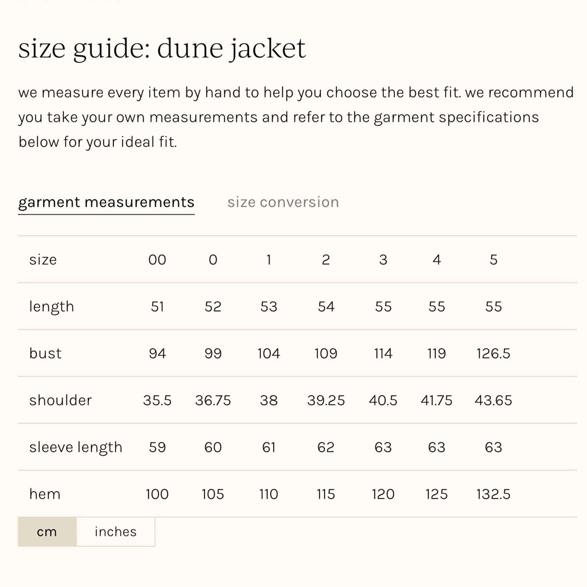 Zoe Kratzmann Dune Jacket - Ocelot size guide chart with garment measurements for length, bust, shoulder, sleeve length and hem