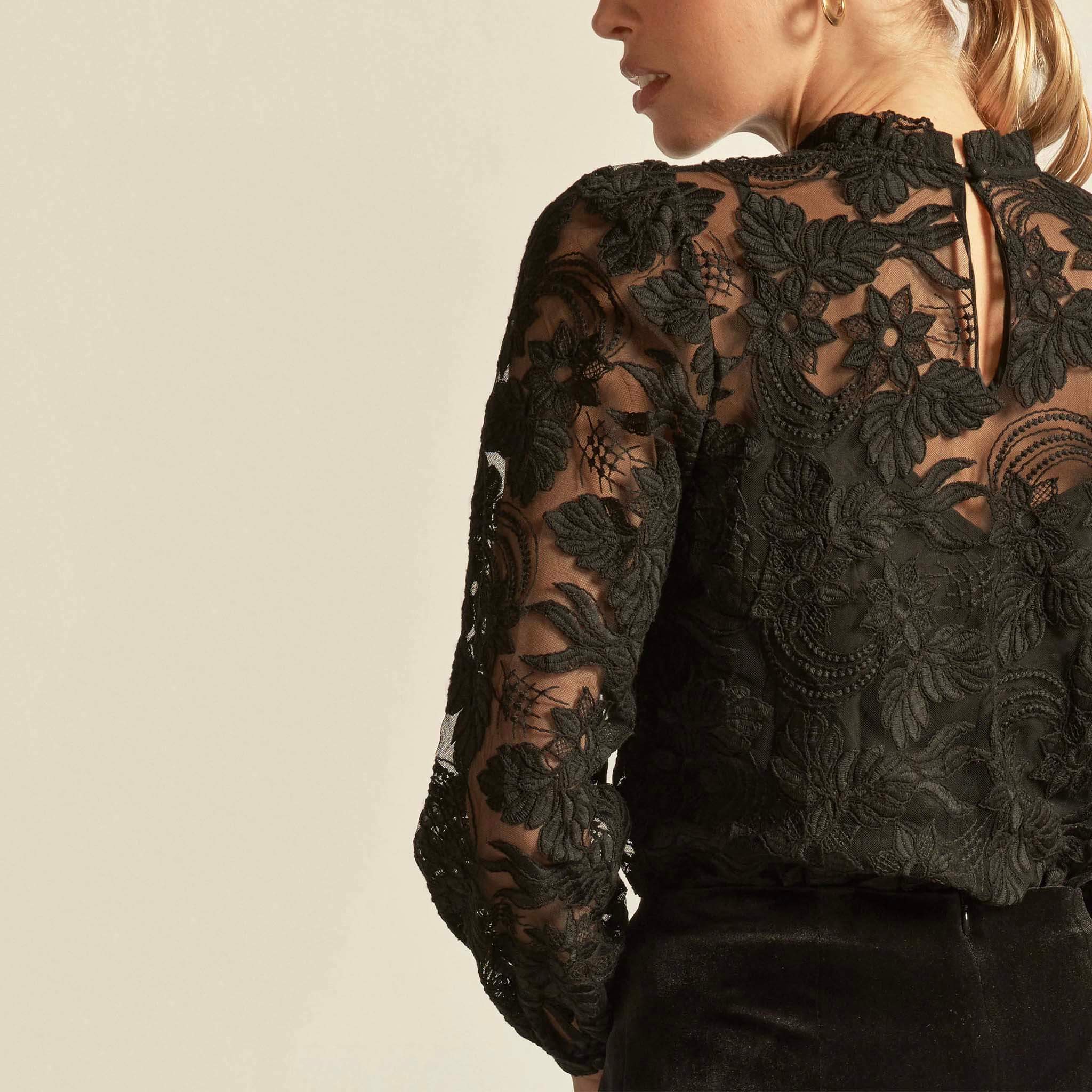 Alt Tag: Zoe Kratzmann Glint Top - Black lace blouse back view with sheer floral sleeves and frill neckline detail
