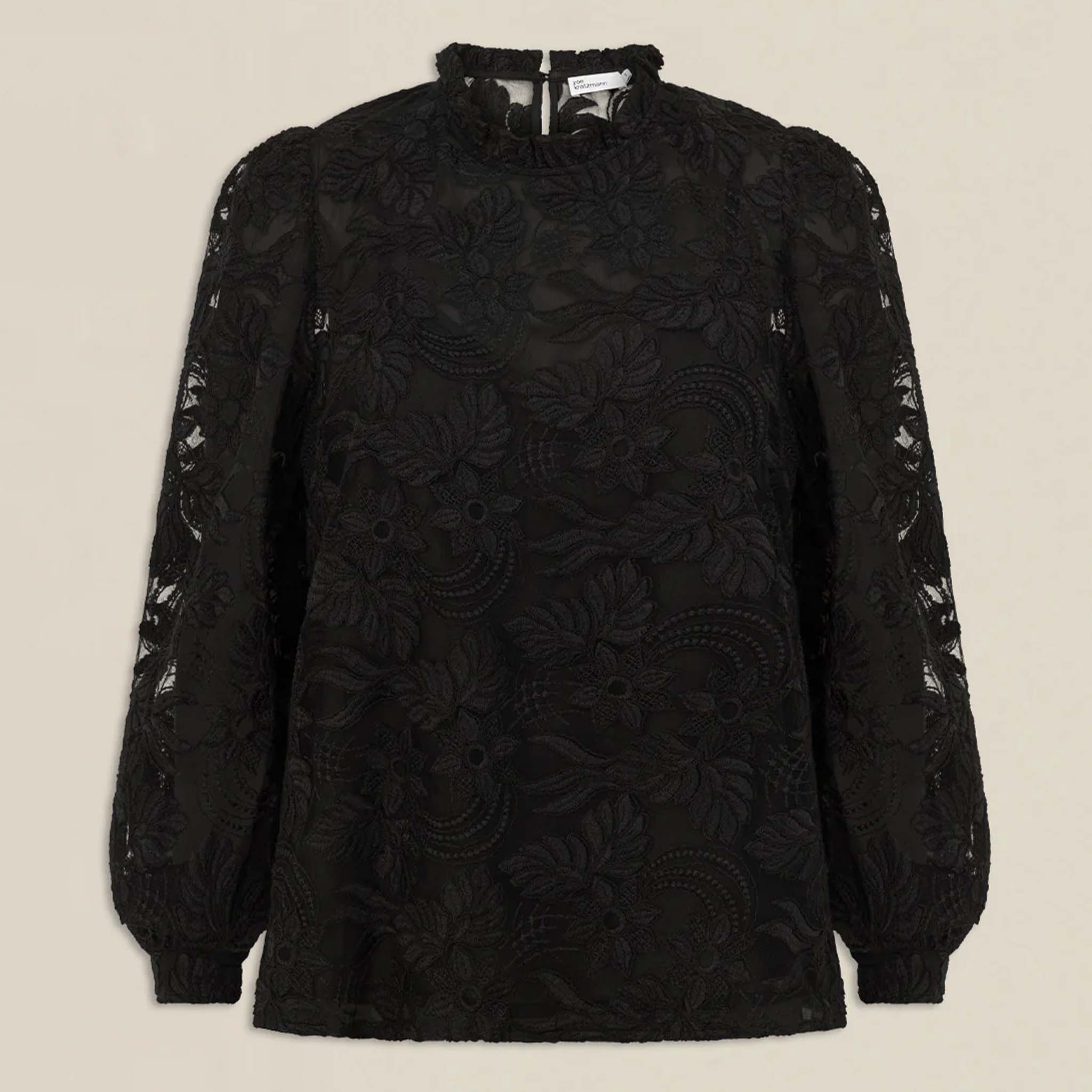 Alt Tag: Zoe Kratzmann Glint Top - Black lace long sleeve top with frill neckline and cuffs, elegant refined silhouette