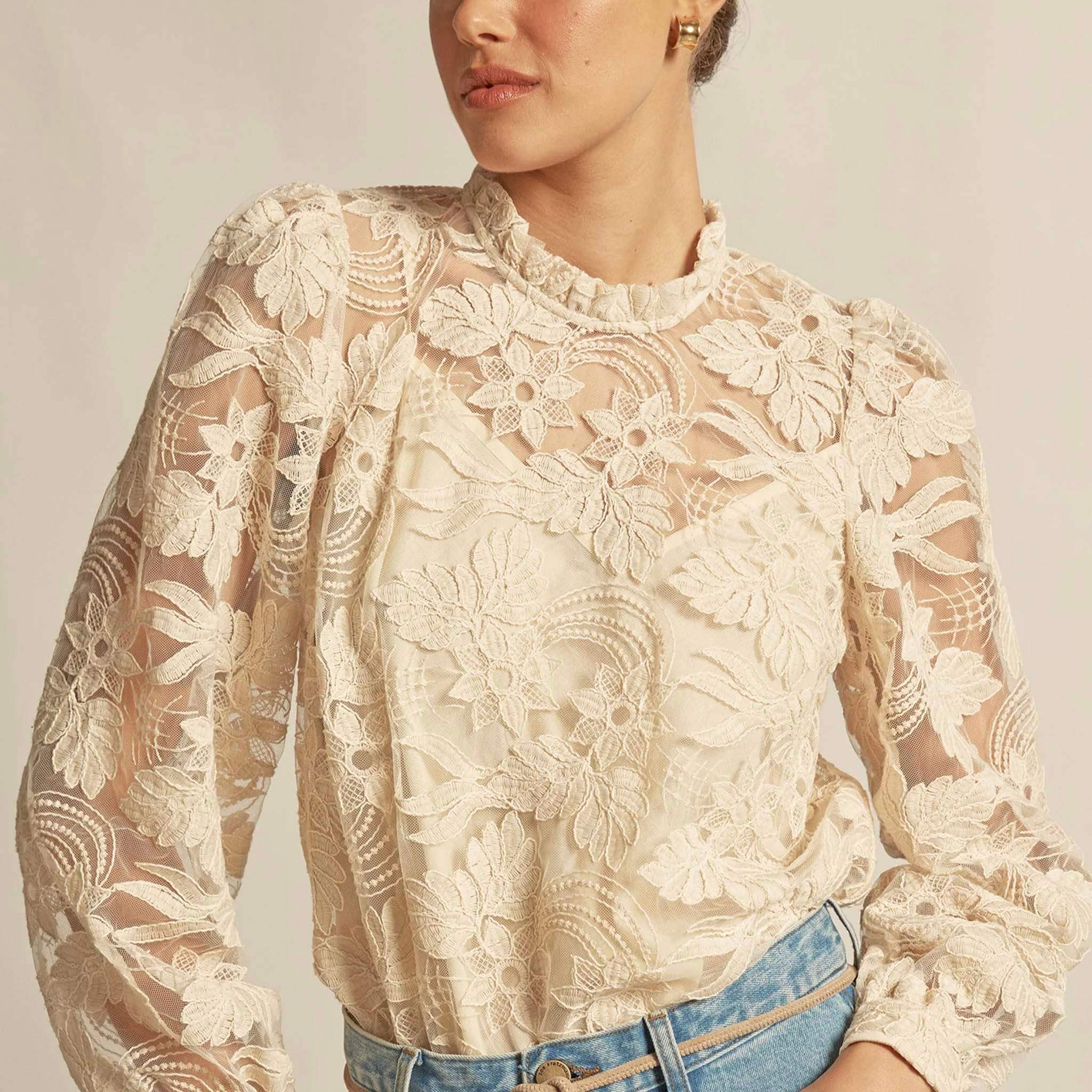 Alt Tag: Zoe Kratzmann Glint Top - Ecru lace blouse with frill neckline and long sleeves, romantic floral detail in ecru