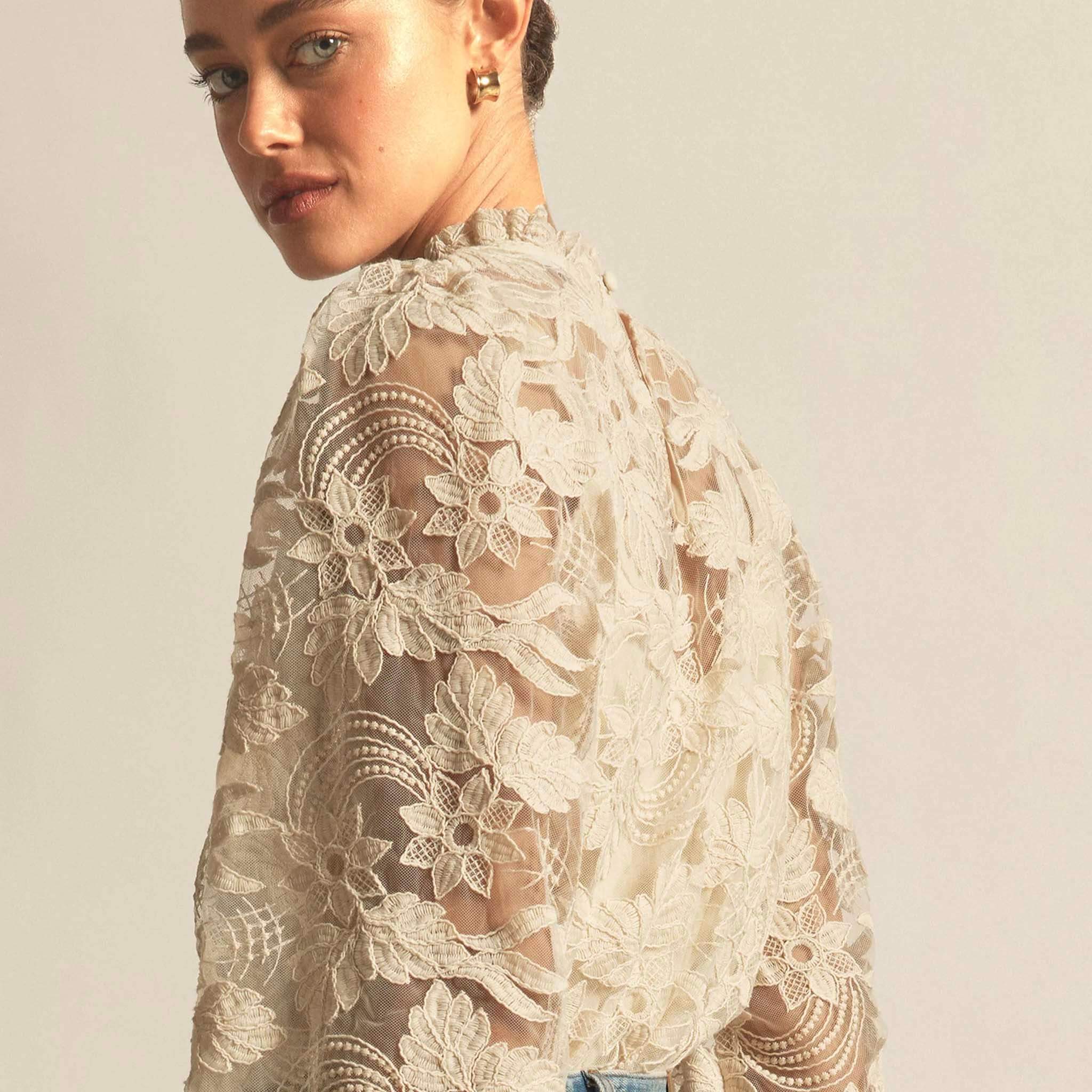 Alt Tag: Zoe Kratzmann Glint Top - Ecru lace blouse with floral embroidery, high neck and long sleeves, back view on model