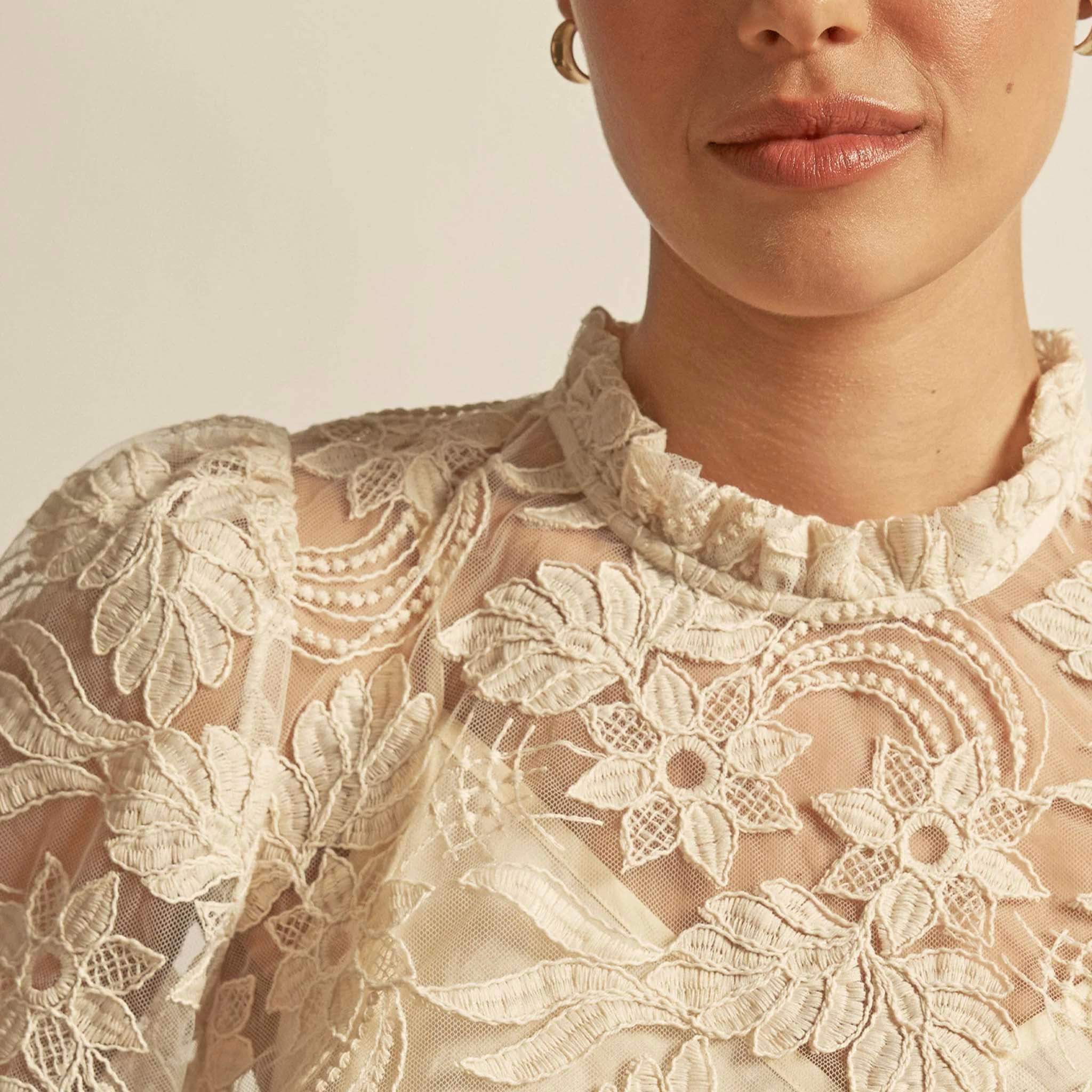 Alt Tag: Zoe Kratzmann Glint Top - Ecru close-up of intricate ecru lace bodice with floral detailing and frilled neckline