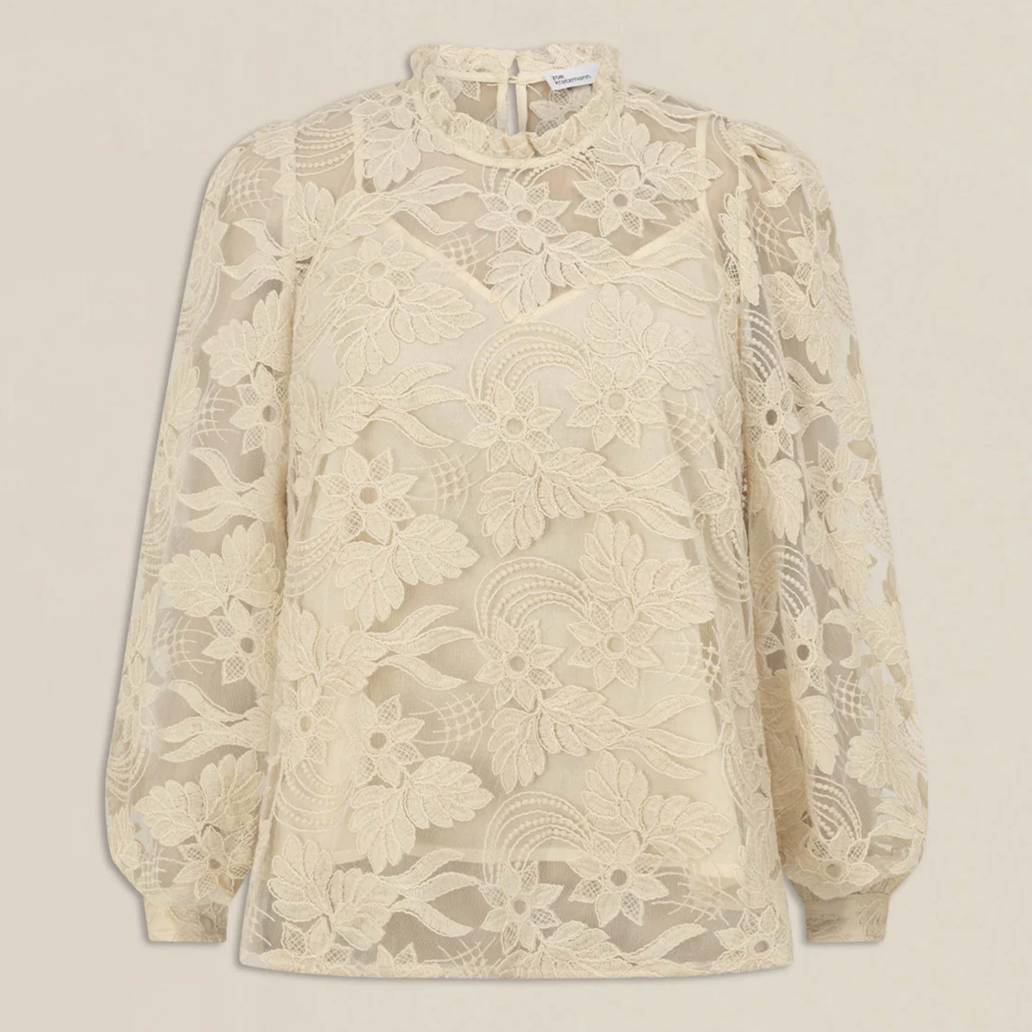 Alt Tag: Zoe Kratzmann Glint Top - Ecru intricate lace blouse with long sleeves, frill neckline and cuffs, floral lace detail