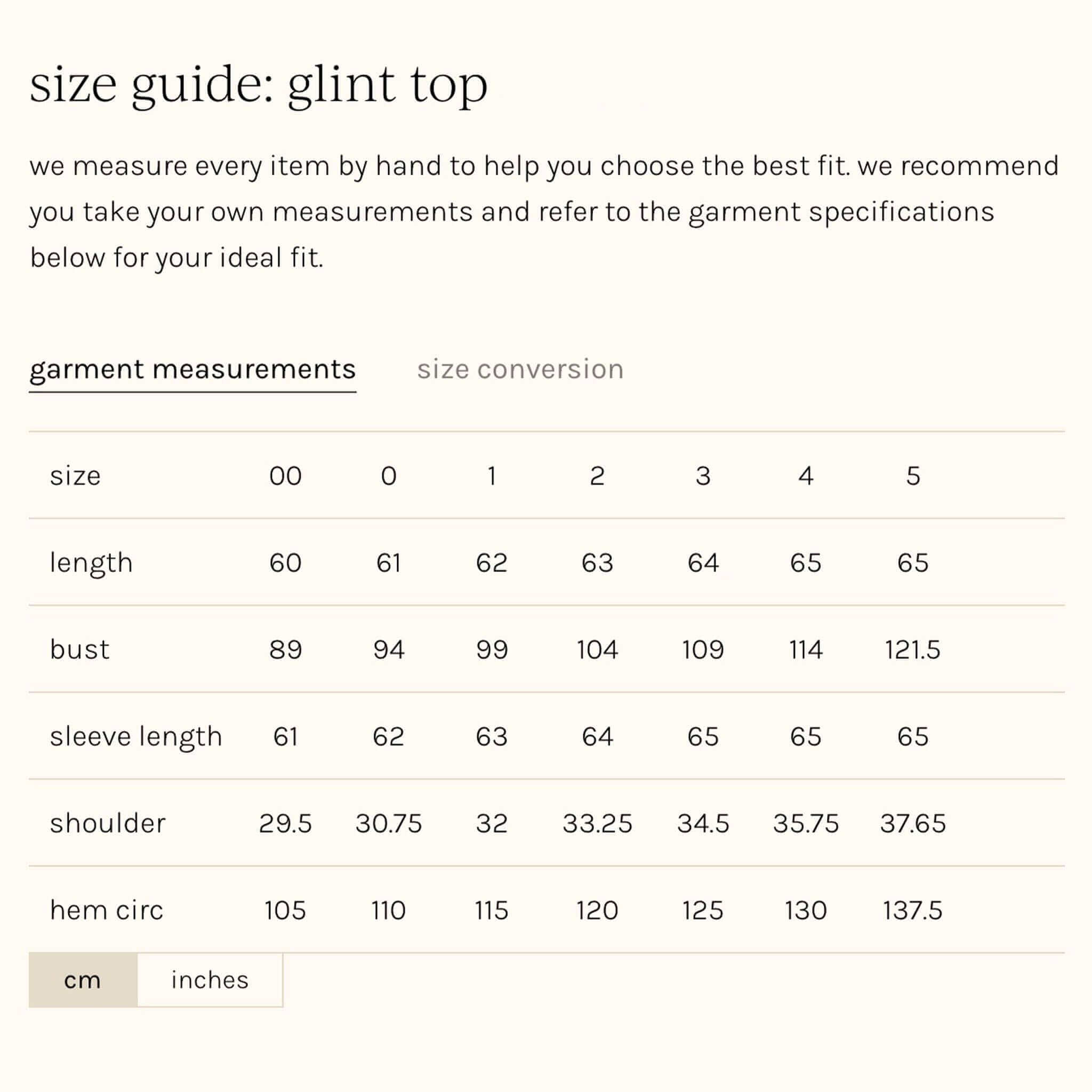 Alt Tag: Zoe Kratzmann Glint Top - Black size guide chart showing garment measurements for length, bust, sleeve length, shoulder and hem circumference