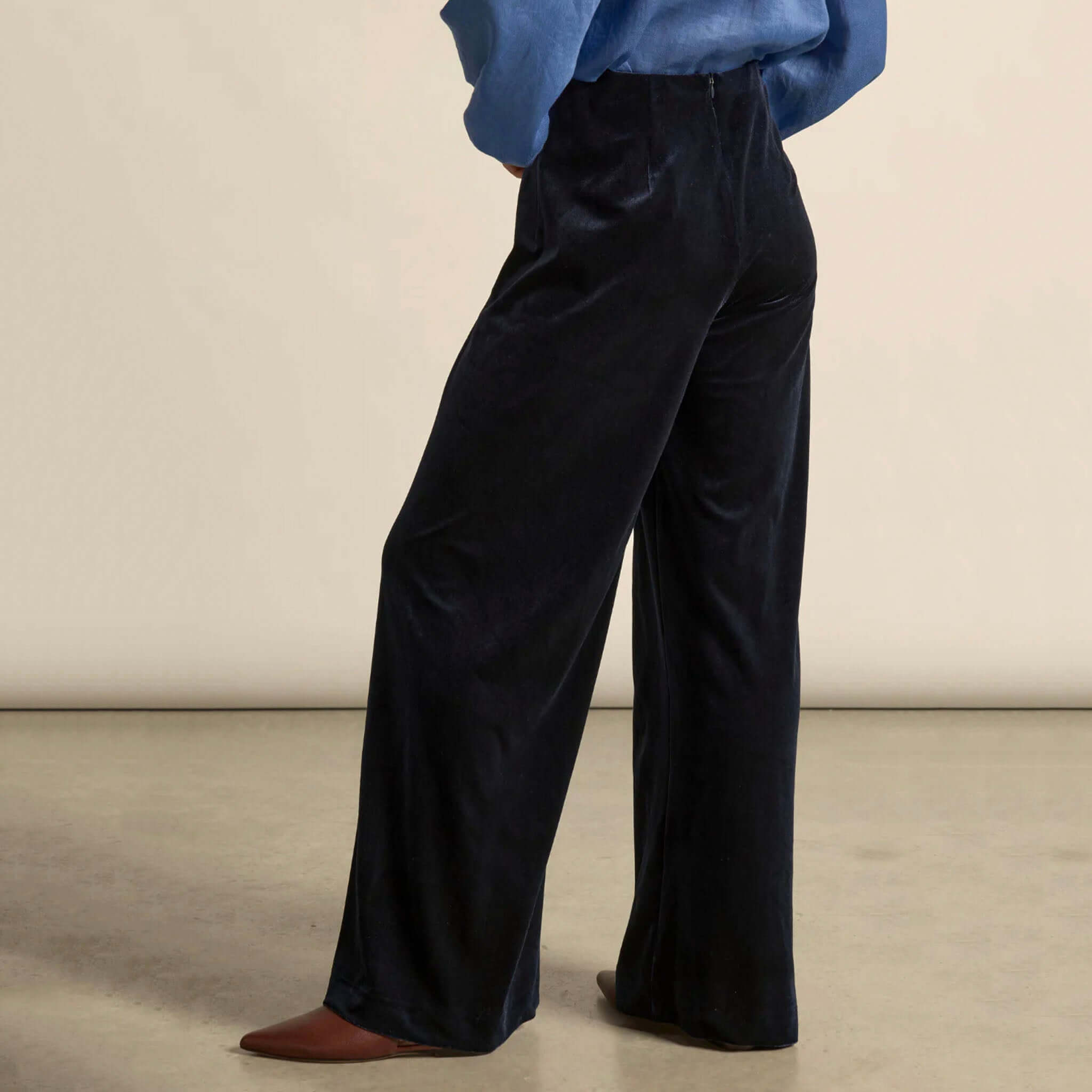 Alt Tag: Zoe Kratzmann Haven Pants - Midnight velvet-feel wide-leg pants, softly elevated texture with comfortable waistband