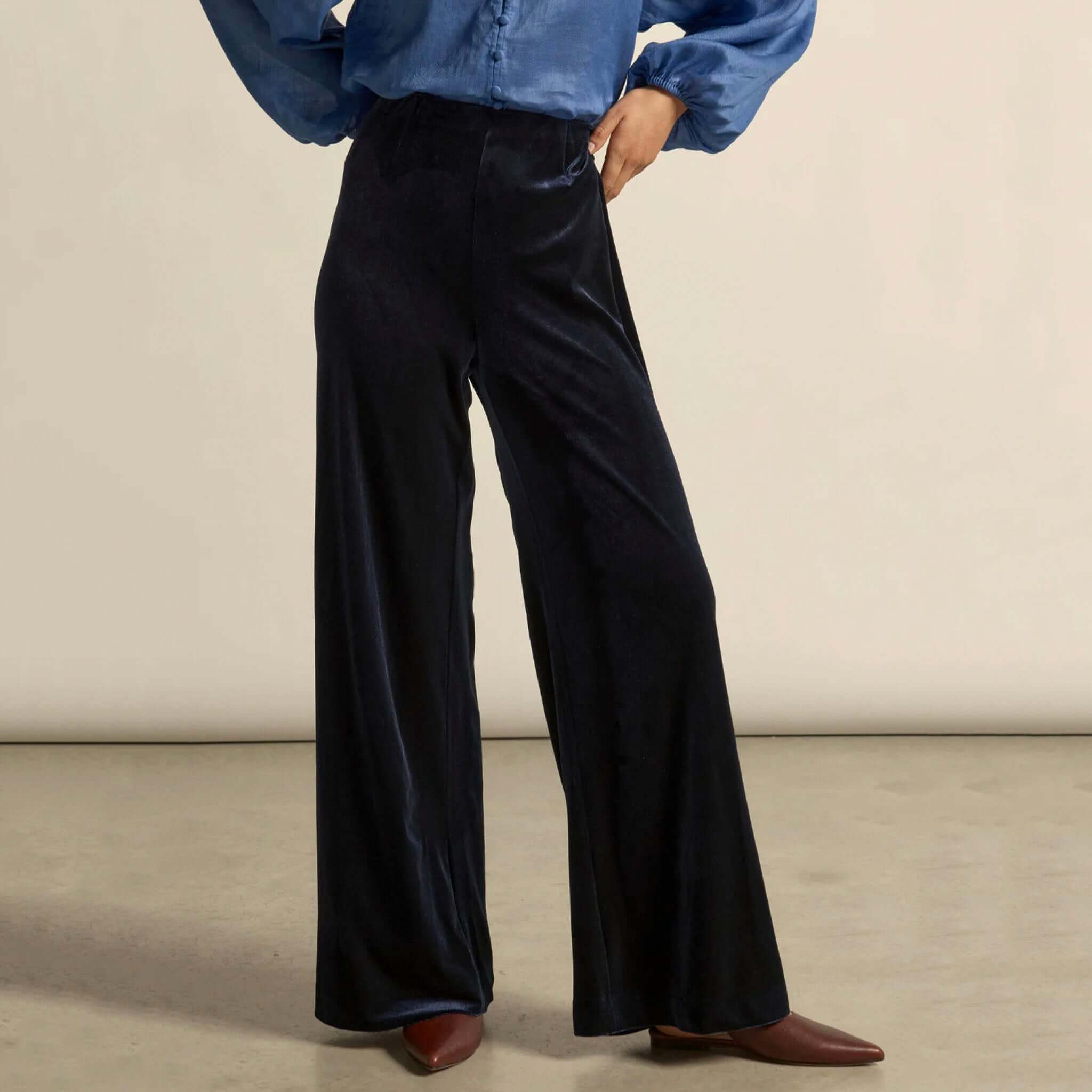 Alt Tag: Zoe Kratzmann Haven Pants - Midnight velvet-feel wide leg pants with soft waistband, polished texture and effortless everyday style