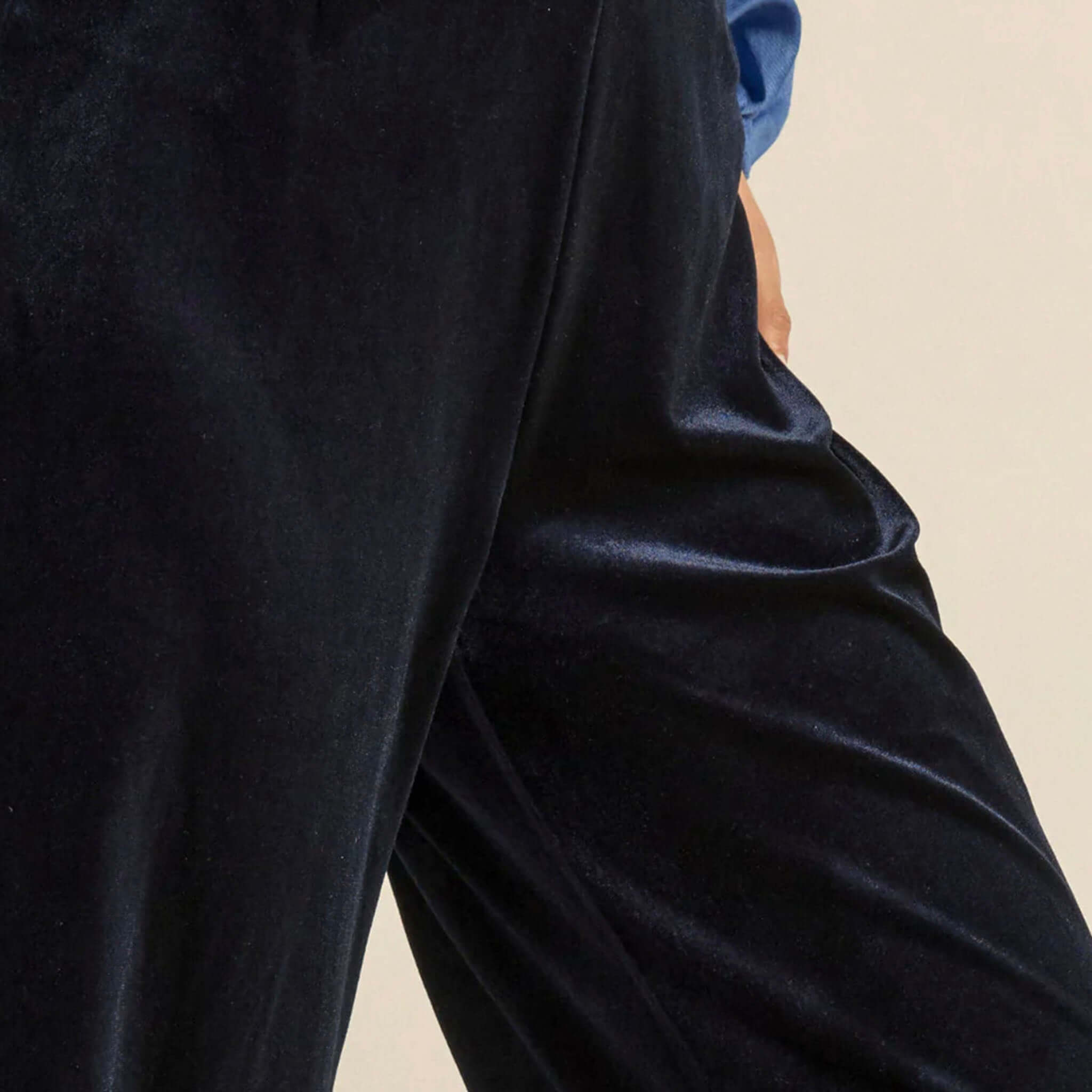 Alt Tag: Zoe Kratzmann Haven Pants - Midnight velvet-feel pants in deep midnight navy, close-up of luxe texture and relaxed leg