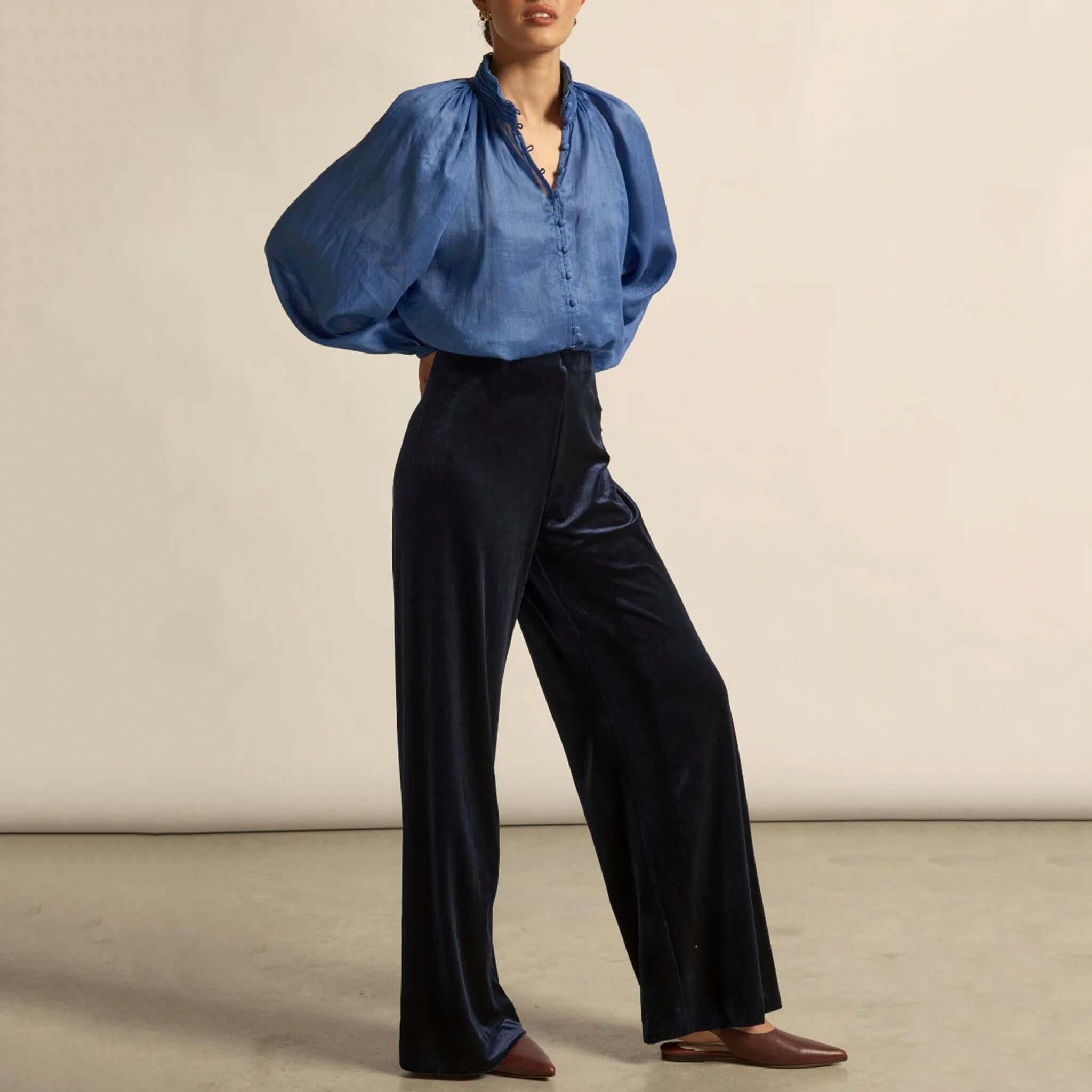 Alt Tag: Zoe Kratzmann Haven Pants - Midnight velvet-feel wide-leg pants with soft waistband, styled for elevated everyday wear