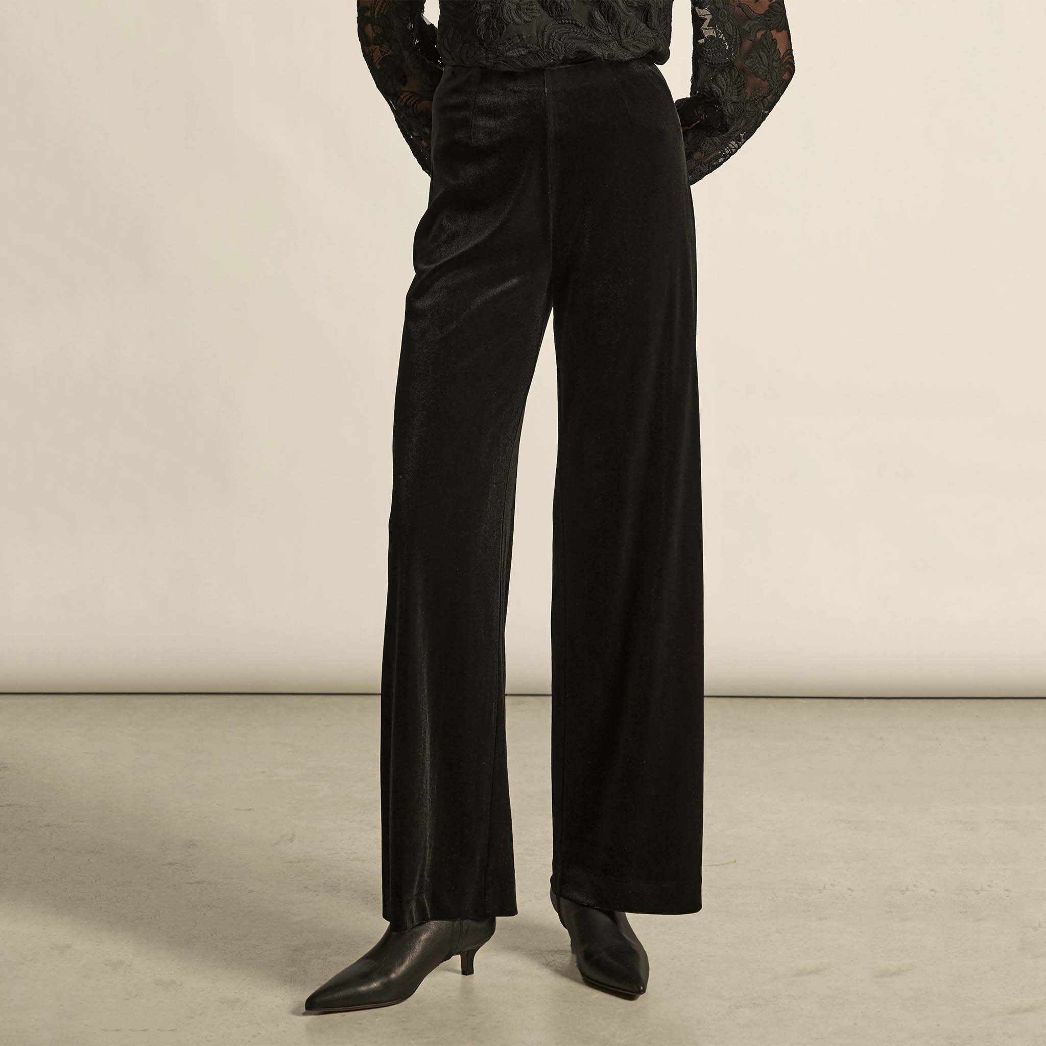Alt Tag: Zoe Kratzmann Haven Pants - Black velvet-feel wide leg pants, back view with invisible zip, polished evening-to-day style
