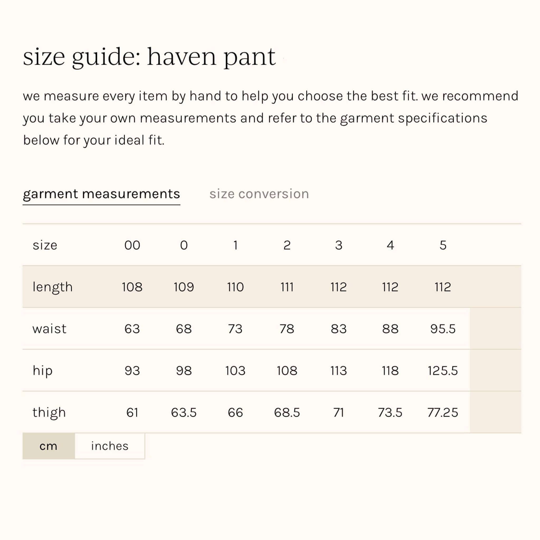 Zoe Kratzmann Haven Pants - Black size guide chart with garment measurements for length, waist, hip and thigh