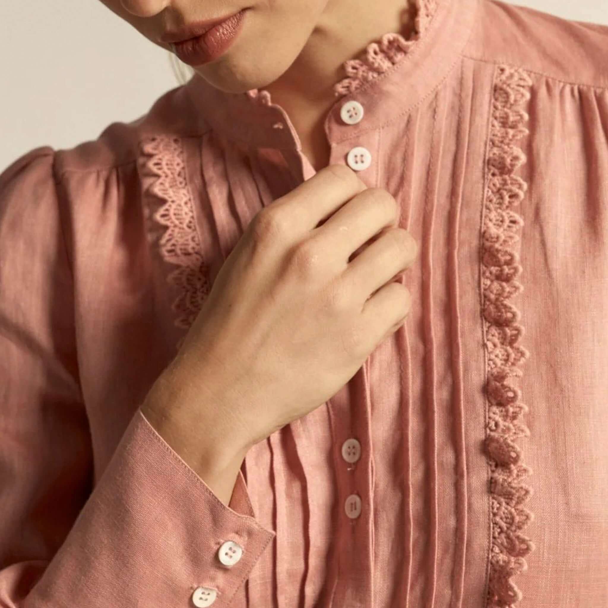 Alt Tag: Zoe Kratzmann Haze Top - Camellia linen blouse close-up with lace-trim bib, button-through front and feminine detailing