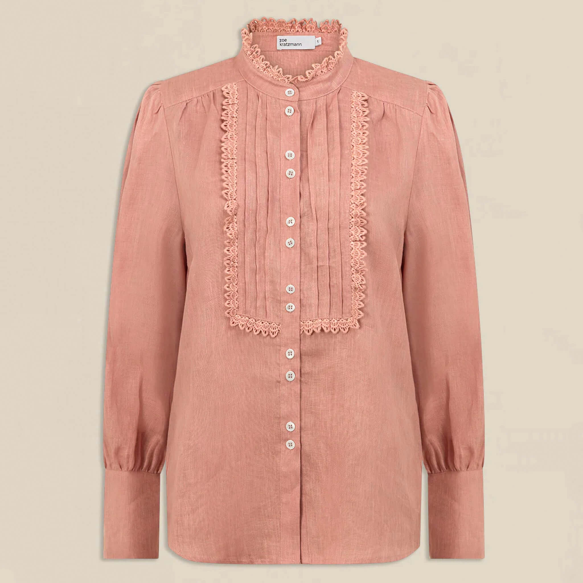 Alt Tag: Zoe Kratzmann Haze Top - Camellia pink linen blouse with lace-trimmed bib, button-through front and long sleeves