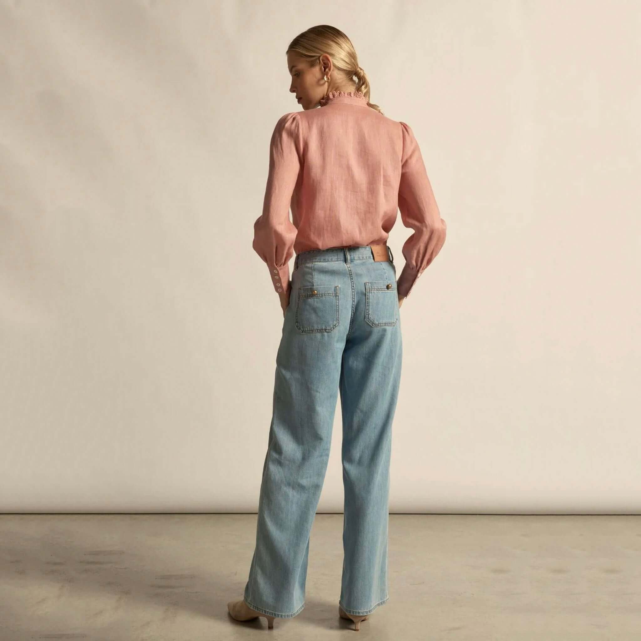 Alt Tag: Zoe Kratzmann Haze Top - Camellia back view, 100% linen blouse with lace-trim bib and button-through silhouette