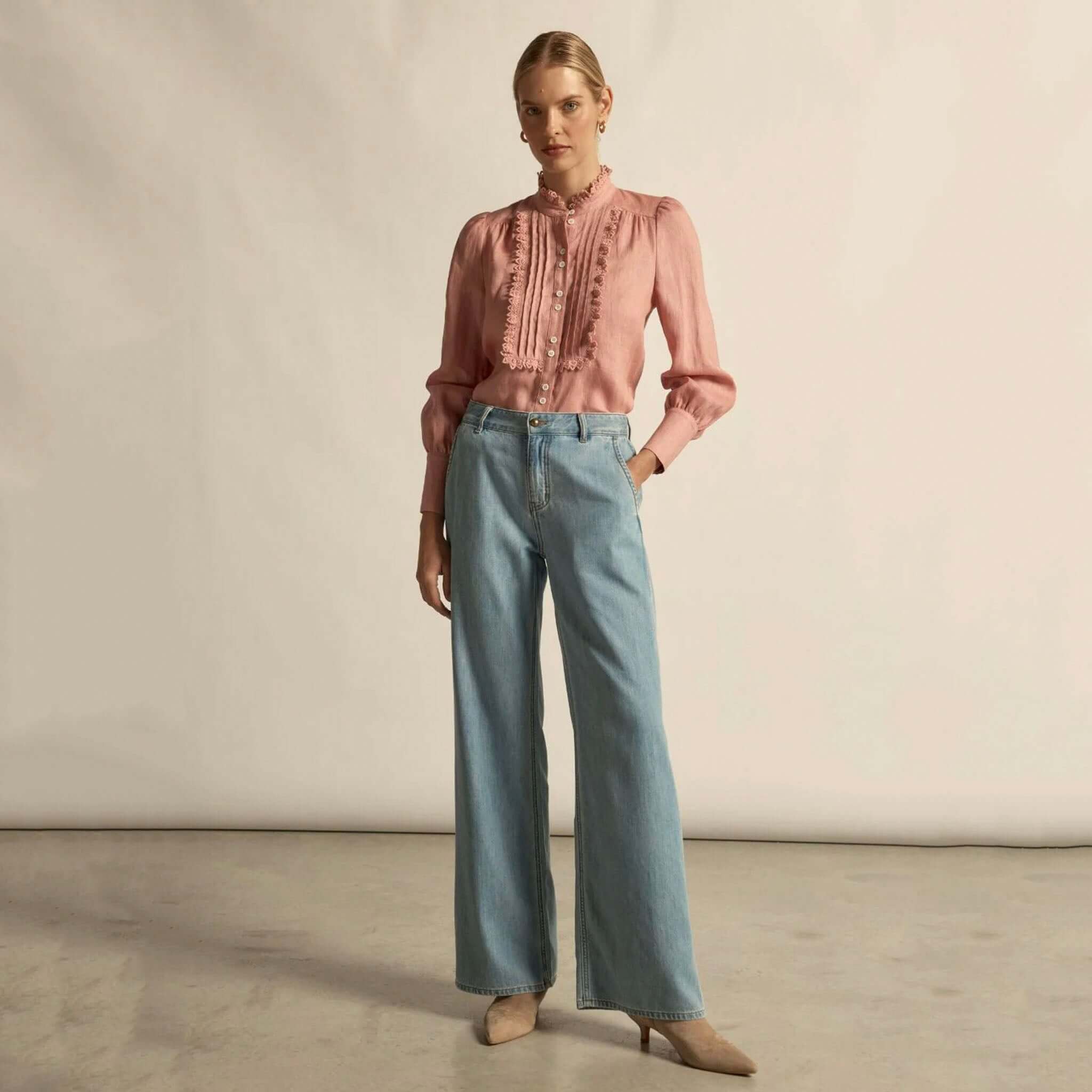 Alt Tag: Zoe Kratzmann Haze Top - Camellia lace-trim linen blouse on model, button-through long sleeve, feminine pink top