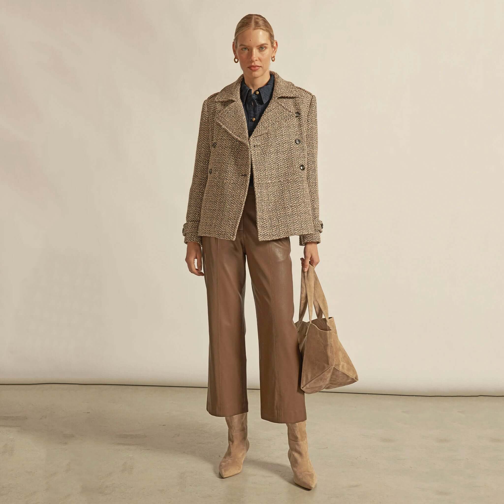 Alt Tag: Zoe Kratzmann Revel Coat - Shell wool-blend oversized boxy coat in shell tone, styled with wide-leg pants and ankle boots