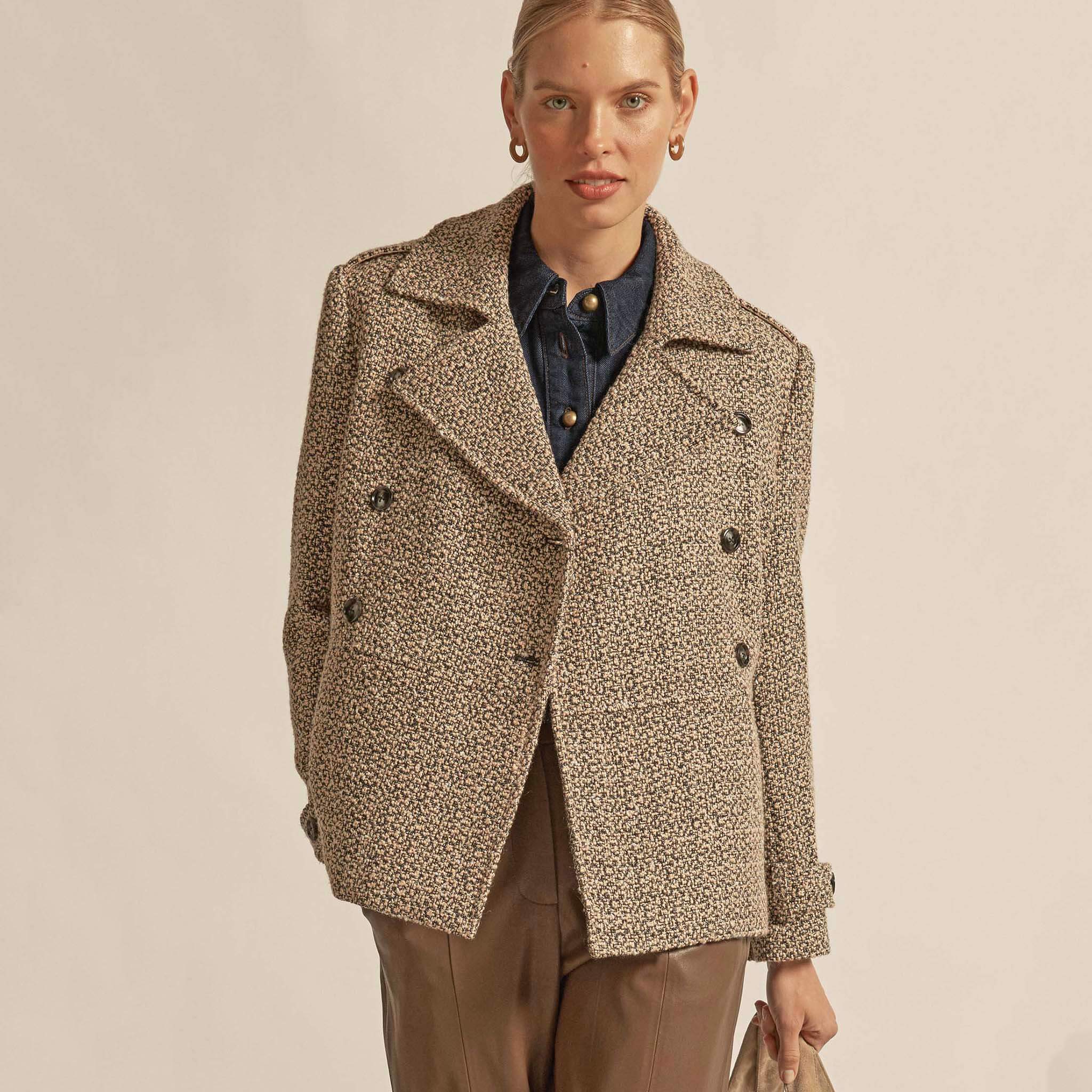 Alt Tag: Zoe Kratzmann Revel Coat - Shell wool blend oversized boxy winter coat in shell colour, tailored double-breasted style on model