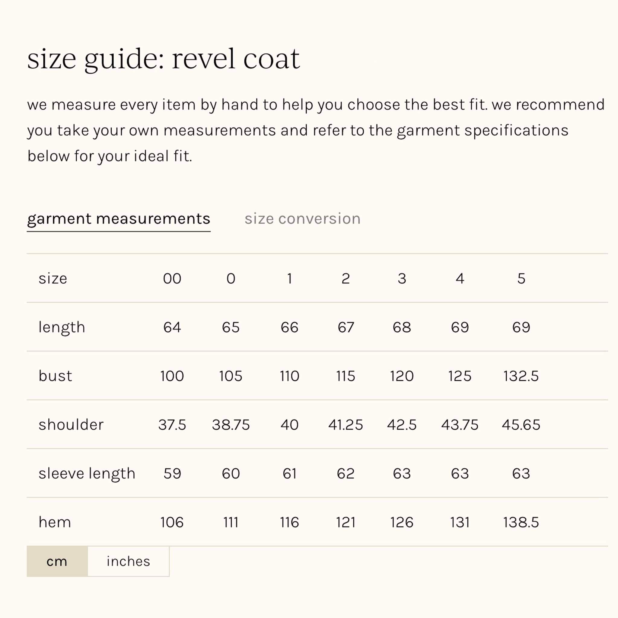 Alt Tag: Zoe Kratzmann Revel Coat - Shell size guide image showing garment measurements chart for length, bust, shoulder, sleeve length and hem