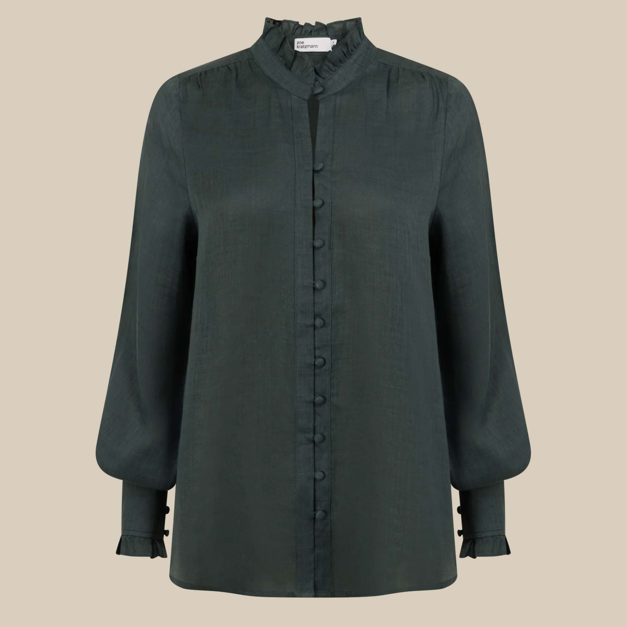 Alt Tag: Zoe Kratzmann Stir Top - Grove in deep green ramie, ruffle neck, v-slit and button front, long sleeves with tie cuffs
