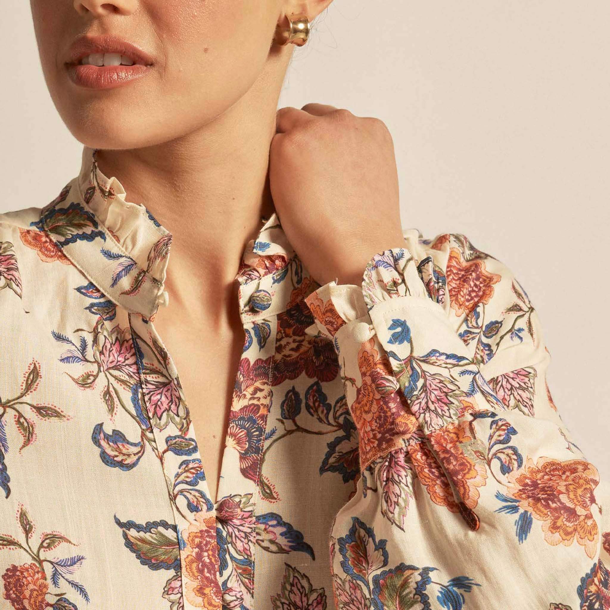Alt Tag: Zoe Kratzmann Stir Top - Heirloom Bloom close-up of ruffle-trim collar and vintage floral print on breathable ramie blouse