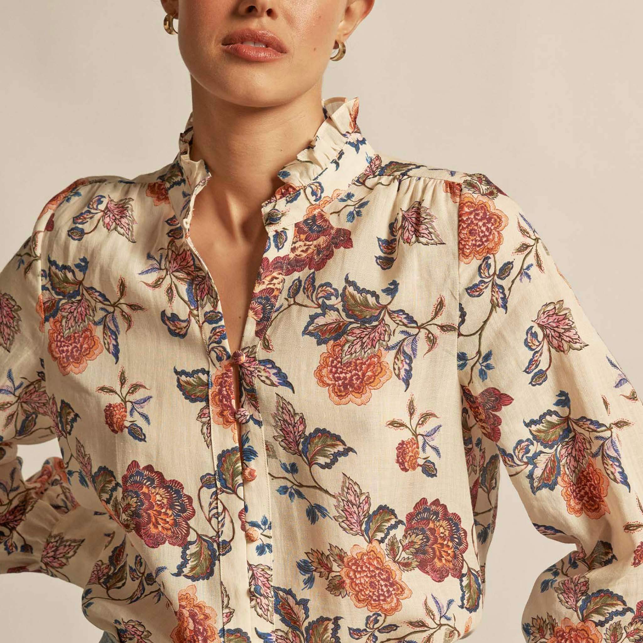 Alt Tag: Zoe Kratzmann Stir Top - Heirloom Bloom ramie blouse with ruffle collar and vintage floral print on neutral base