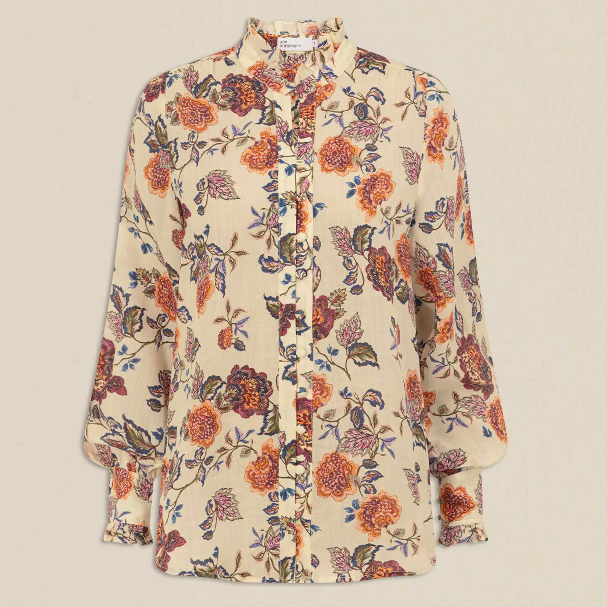 Alt Tag: Zoe Kratzmann Stir Top - Heirloom Bloom floral ramie blouse with ruffle trim and button front, vintage-inspired print