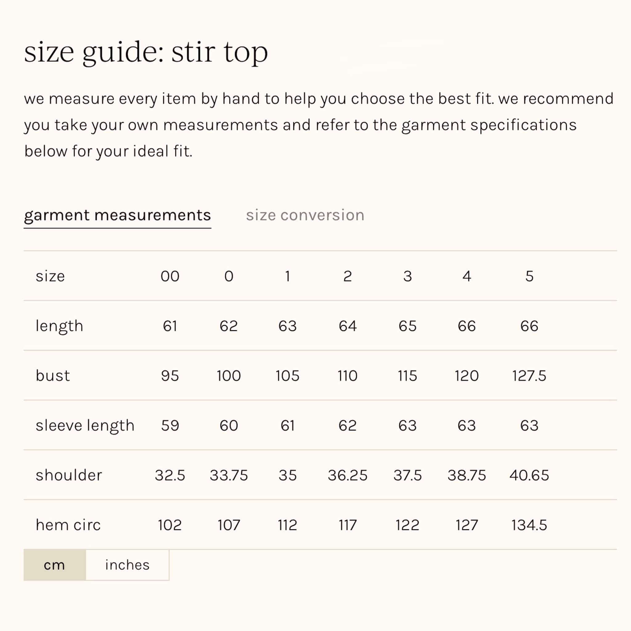 Alt Tag: Zoe Kratzmann Stir Top - Grove size guide chart showing garment measurements for length, bust, sleeve, shoulder and hem circumference
