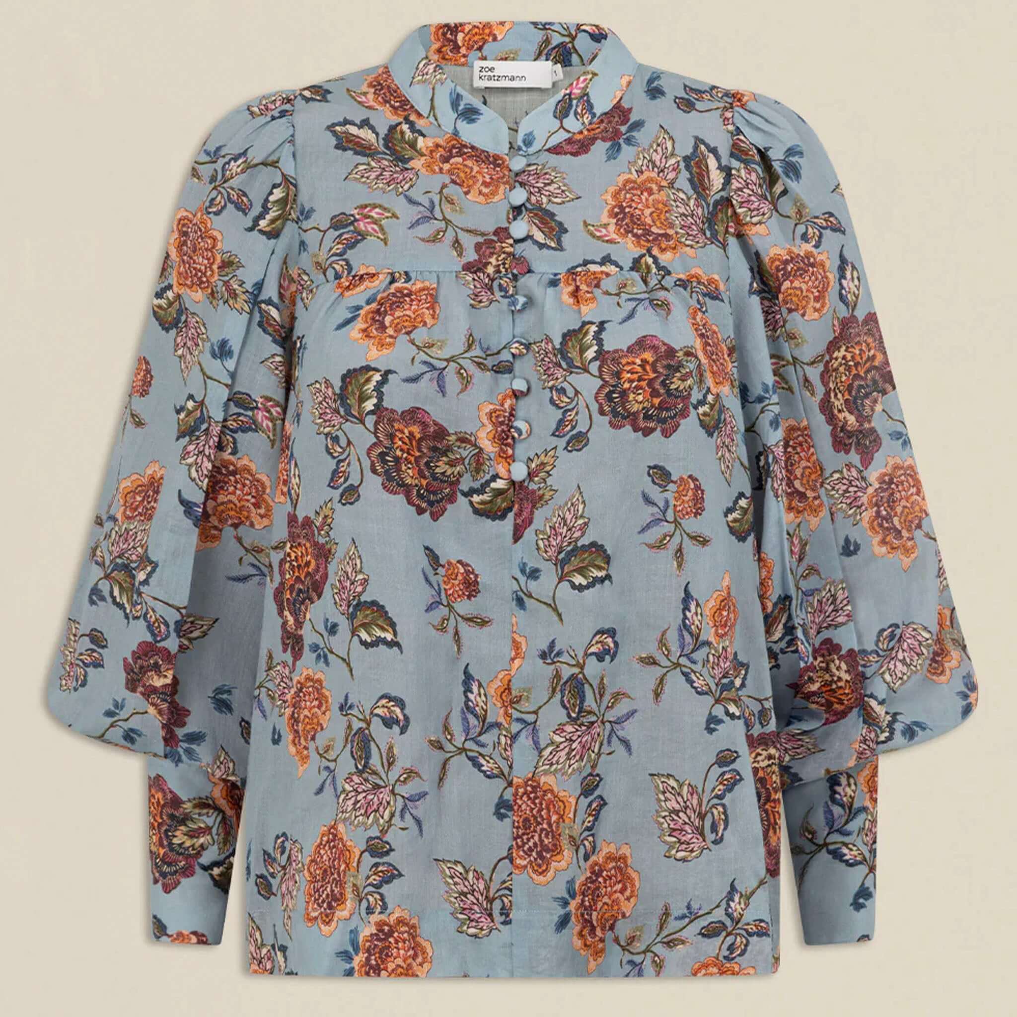 Alt Tag: Zoe Kratzmann Vista Top - Twilight Bloom floral ramie blouse in cool blue with mandarin collar, gathered yoke and blouson sleeves