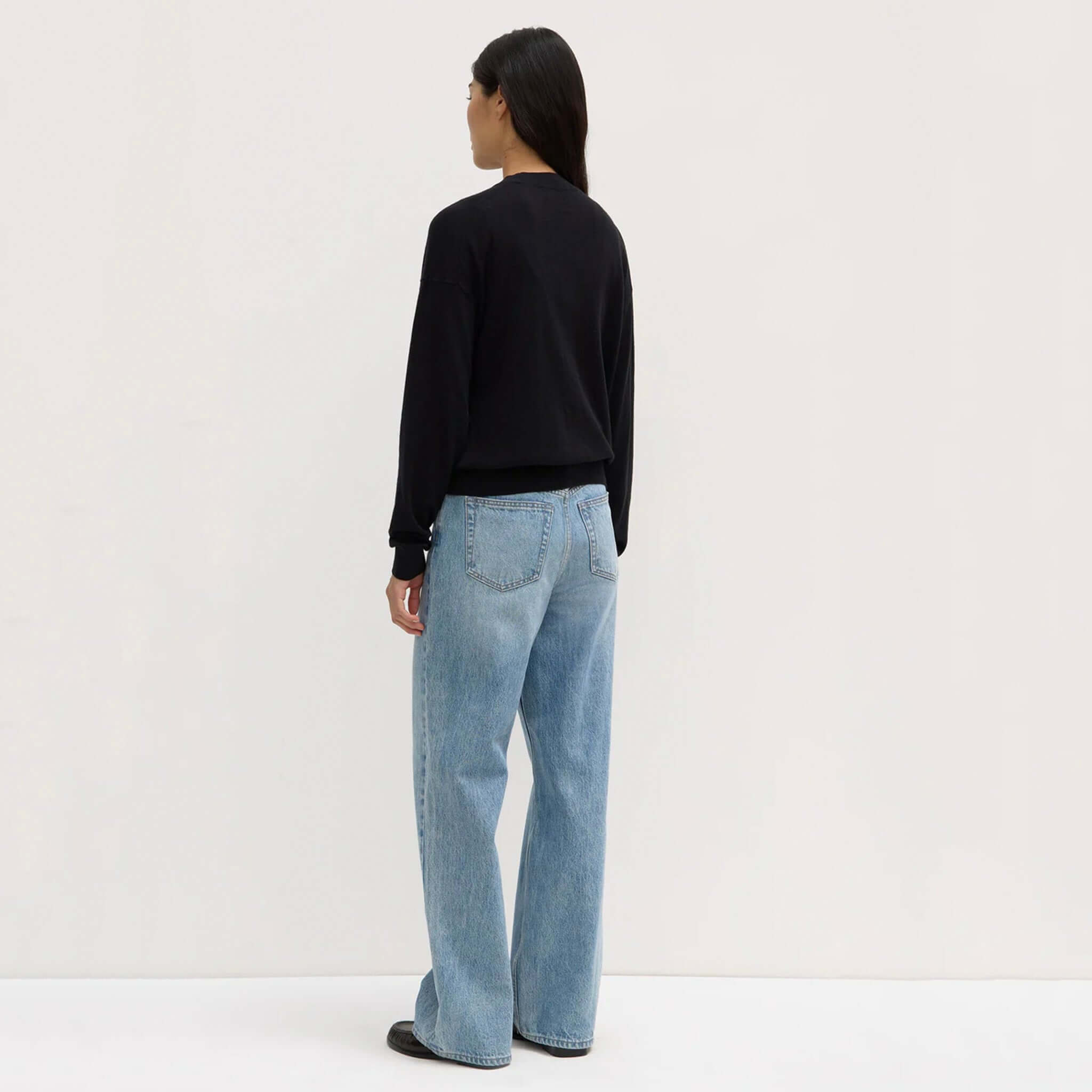 Alt Tag: Assembly Label Cotton Cashmere Lounge Sweater - Black back view on model, ribbed cuffs, lightweight layering knit