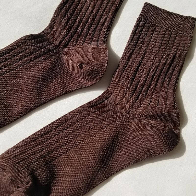 Alt Tag: Le Bon Shoppe Her Cotton Socks - Coffee ribbed breathable cotton-blend crew socks in coffee brown