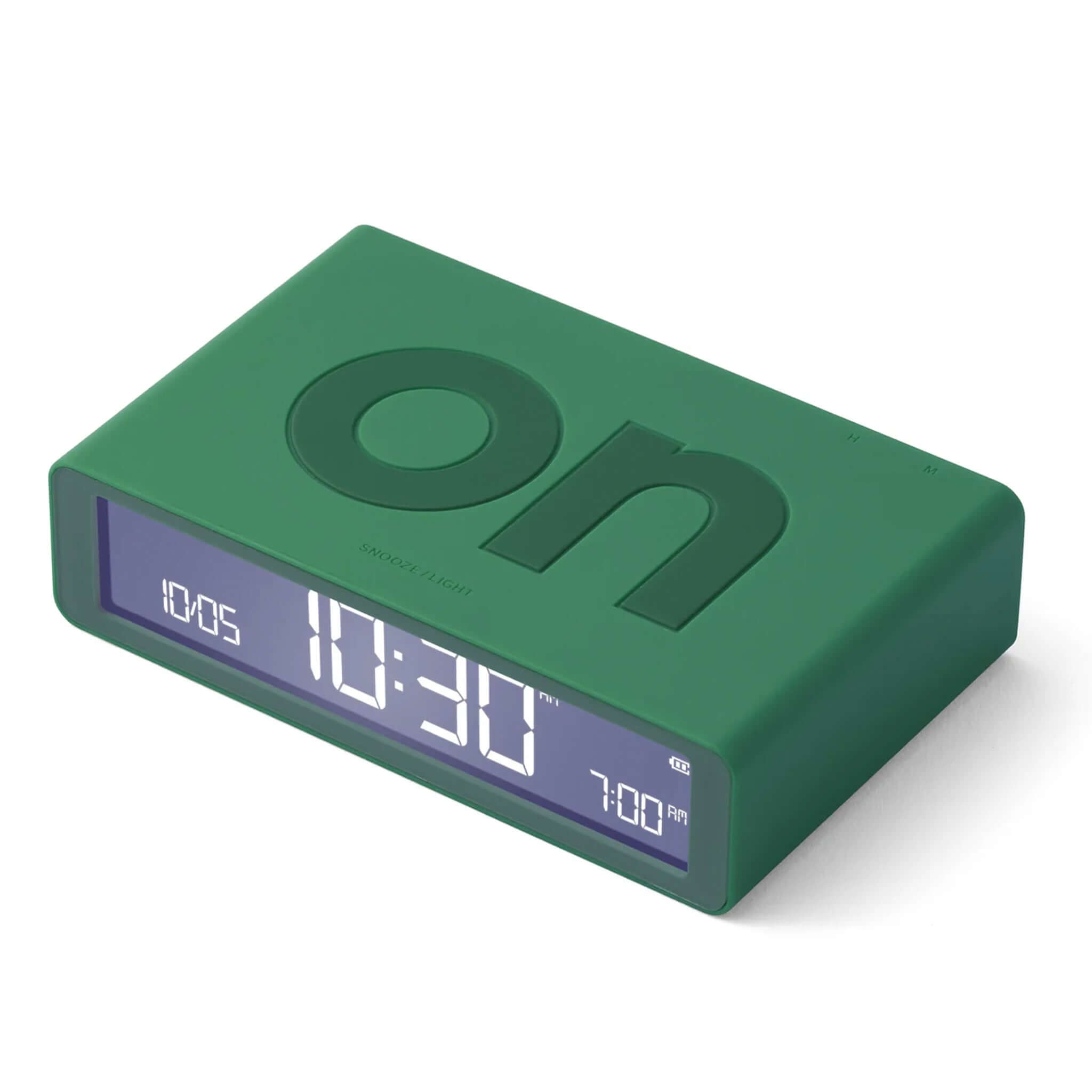 Lexon Flip Classic Reversible LCD Alarm Clock - Emerald Green showing time and 'on' display.
