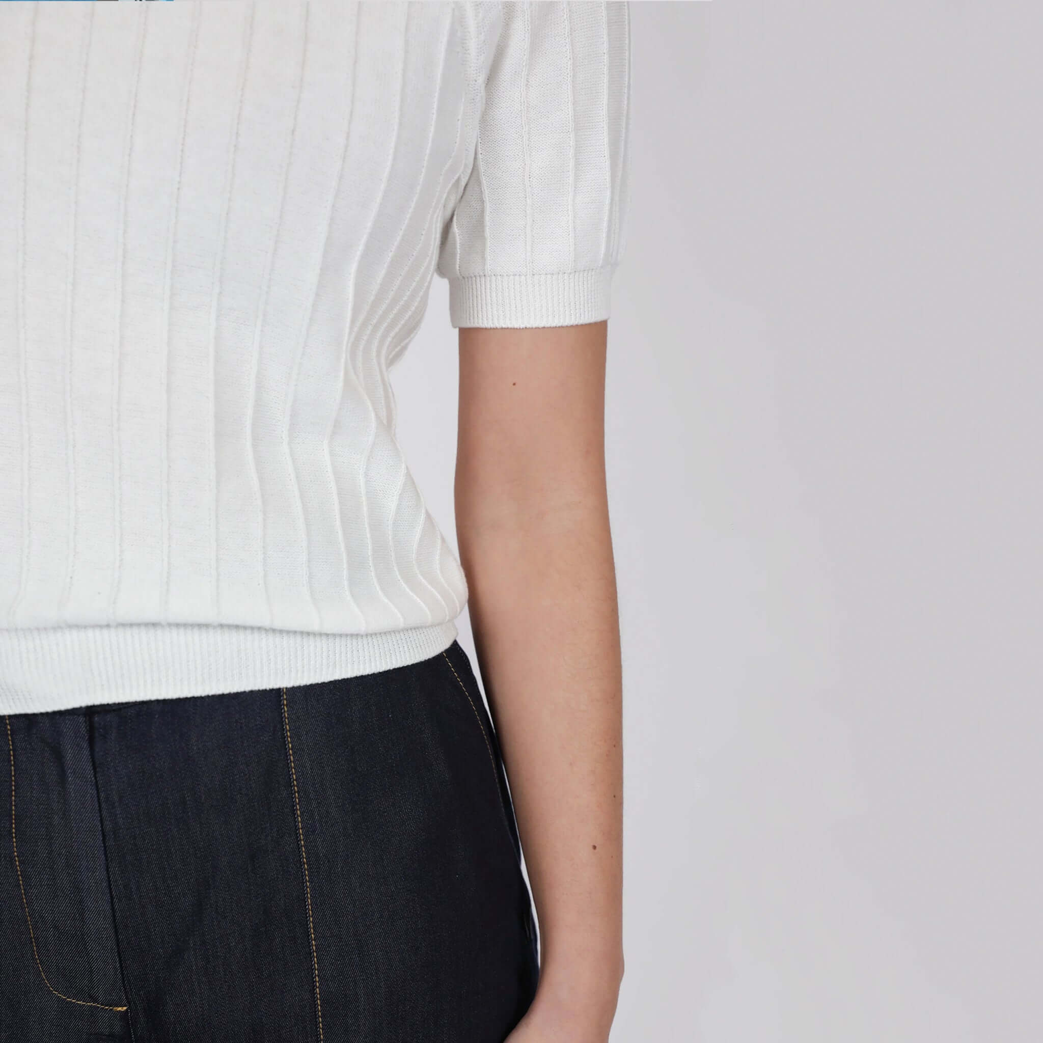 Marlow Soleil Knit Tee - Ivory shown in textured ribbed fabric, perfect for year-round layering and casual wear.