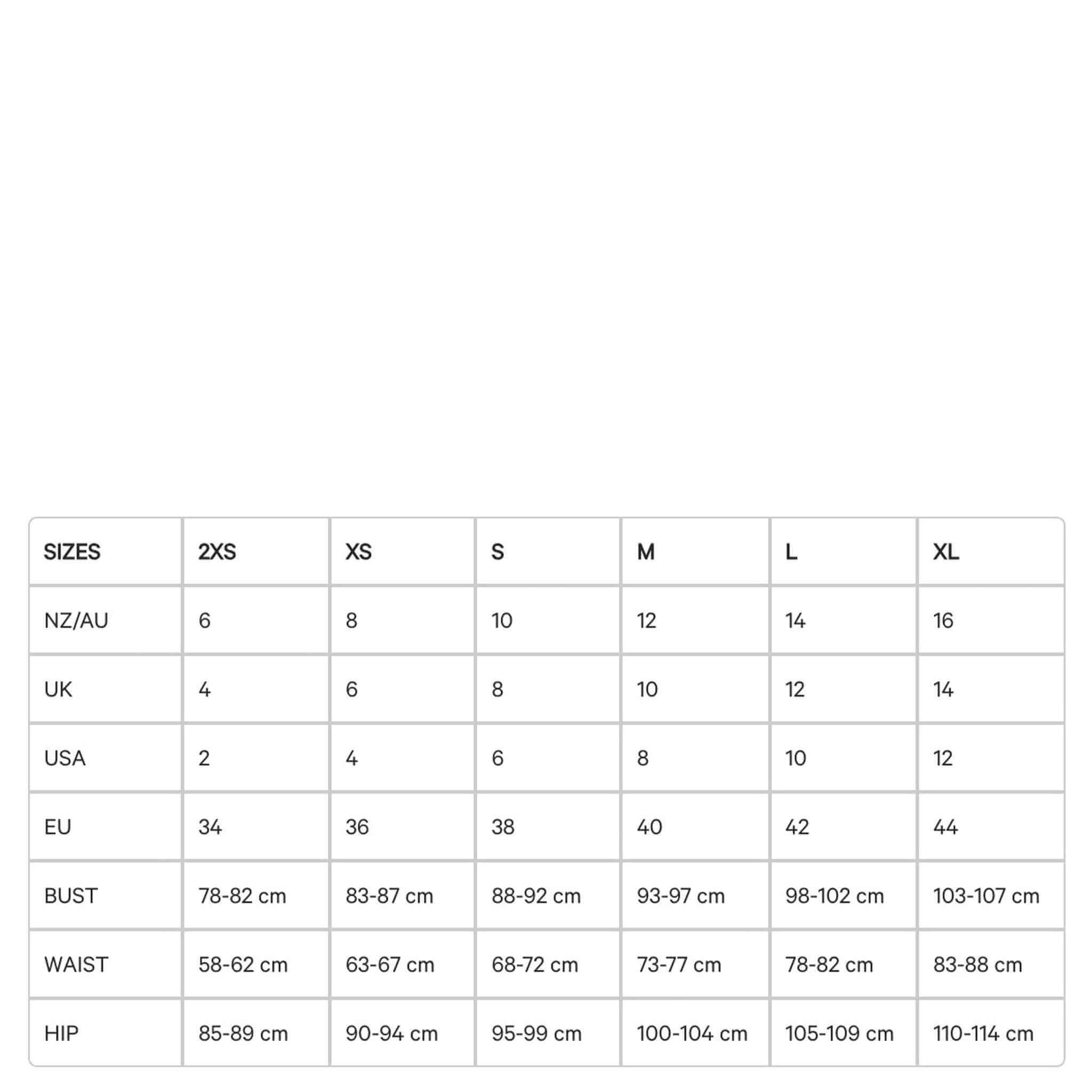 Size chart for Marlow Eclipse Wide Leg Pants - Spruce, including NZ/AU, UK, USA, EU sizes and measurements.