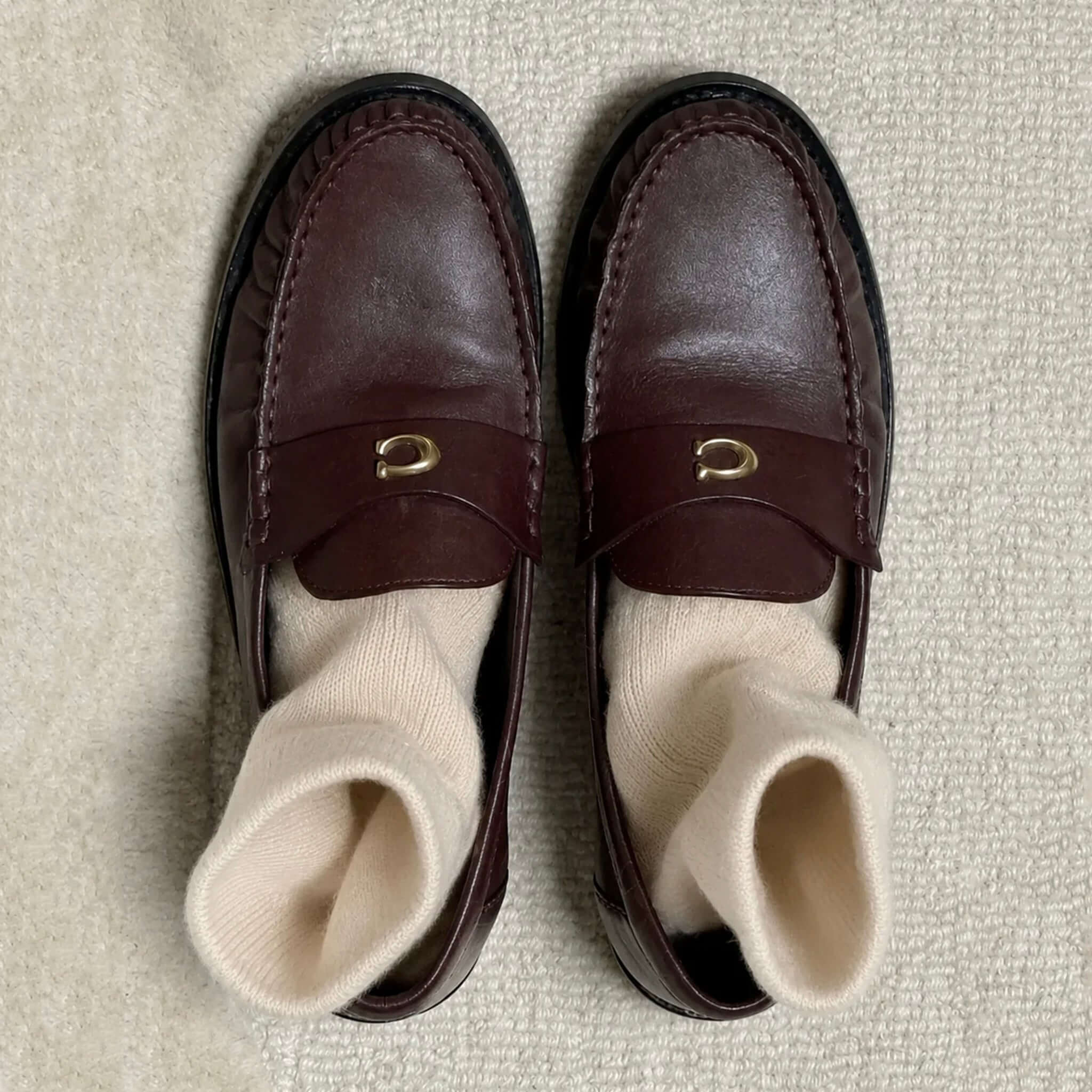 Nooan Hamilton Possum Merino Hamilton Socks - Marshmallow paired with classic brown loafers.