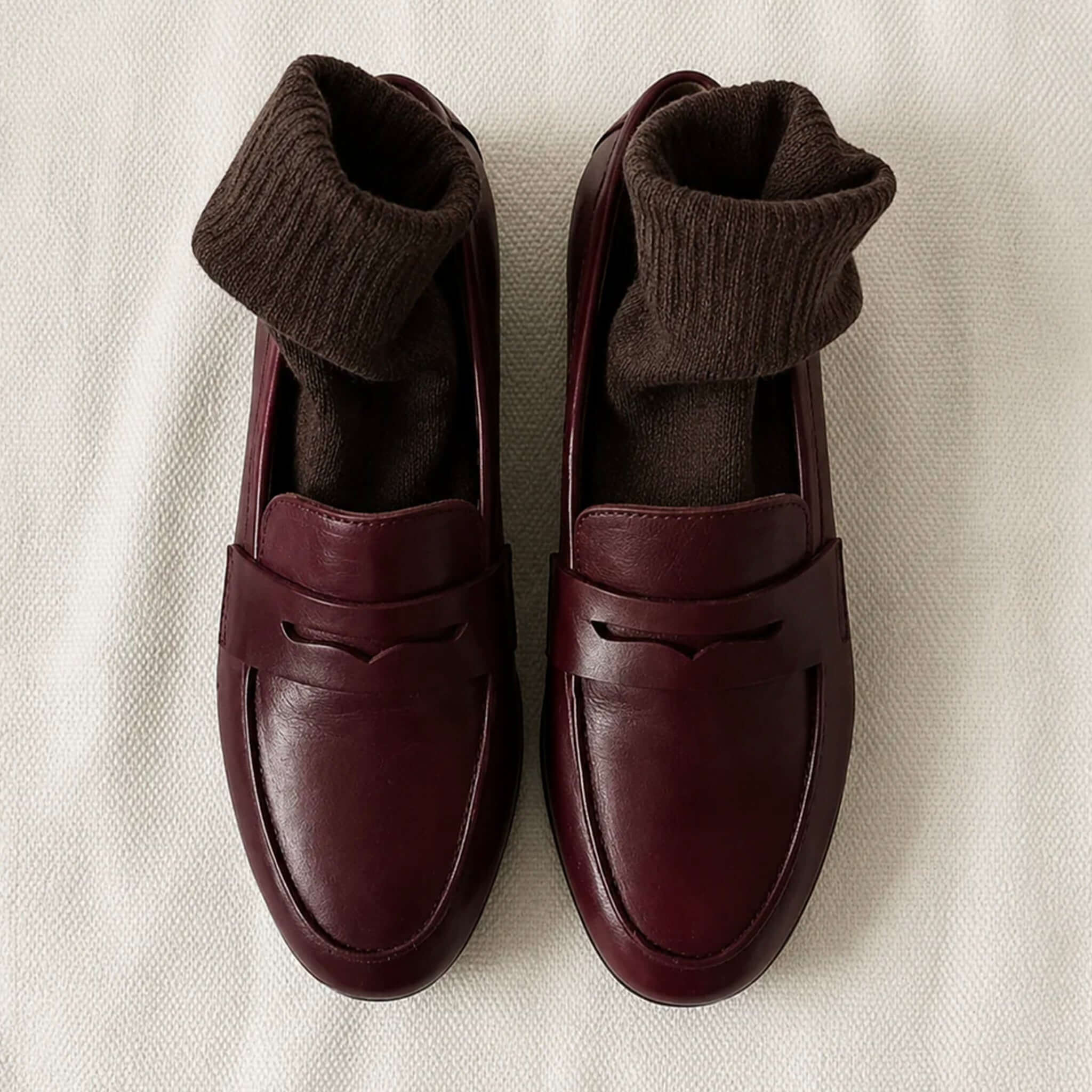 Nooan Hamilton Possum Merino Hamilton Socks - Turkish Coffee paired with stylish burgundy shoes.
